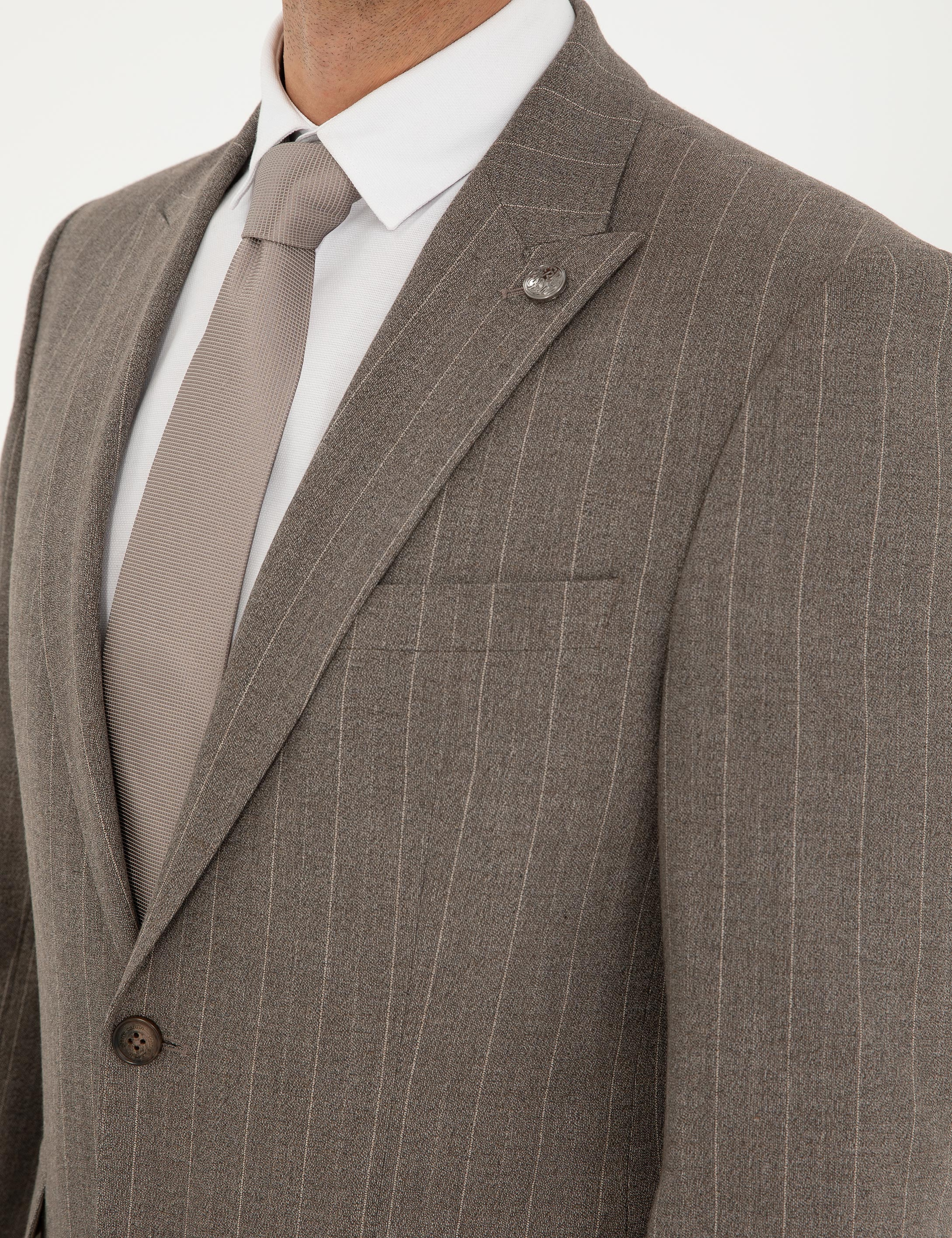 Açık Kahverengi Slim Fit Çizgili Takım Elbise - Image 7