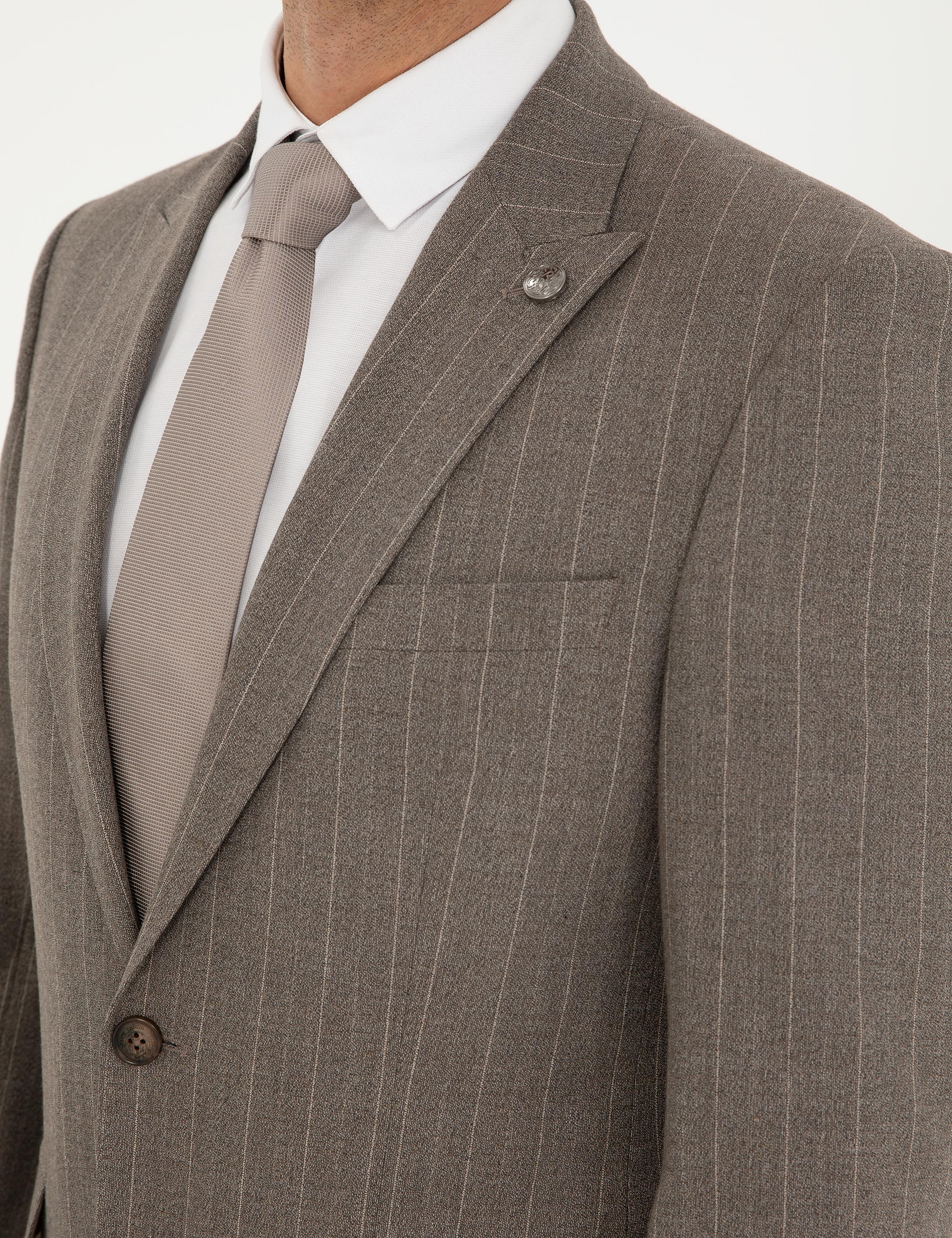 Açık Kahverengi Slim Fit Çizgili Takım Elbise