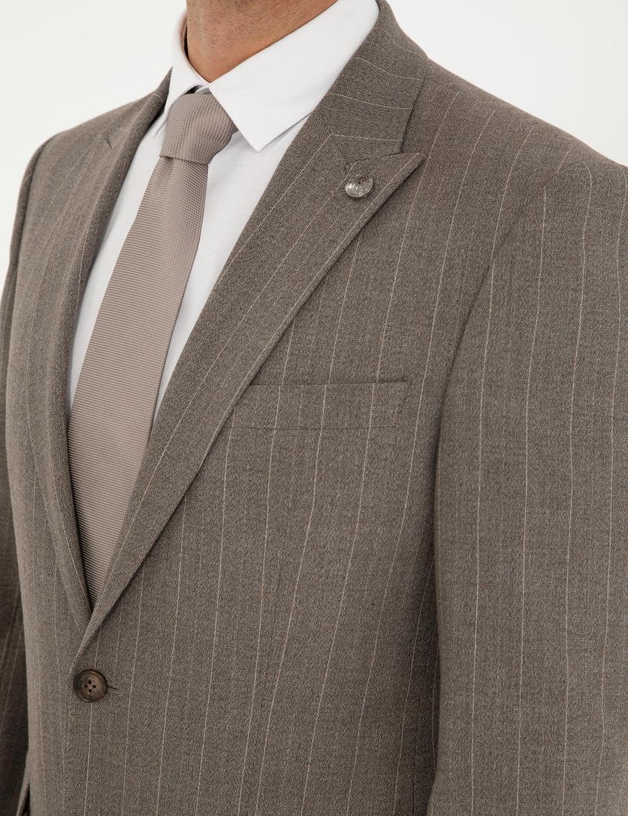 Açık Kahverengi Slim Fit Çizgili Takım Elbise