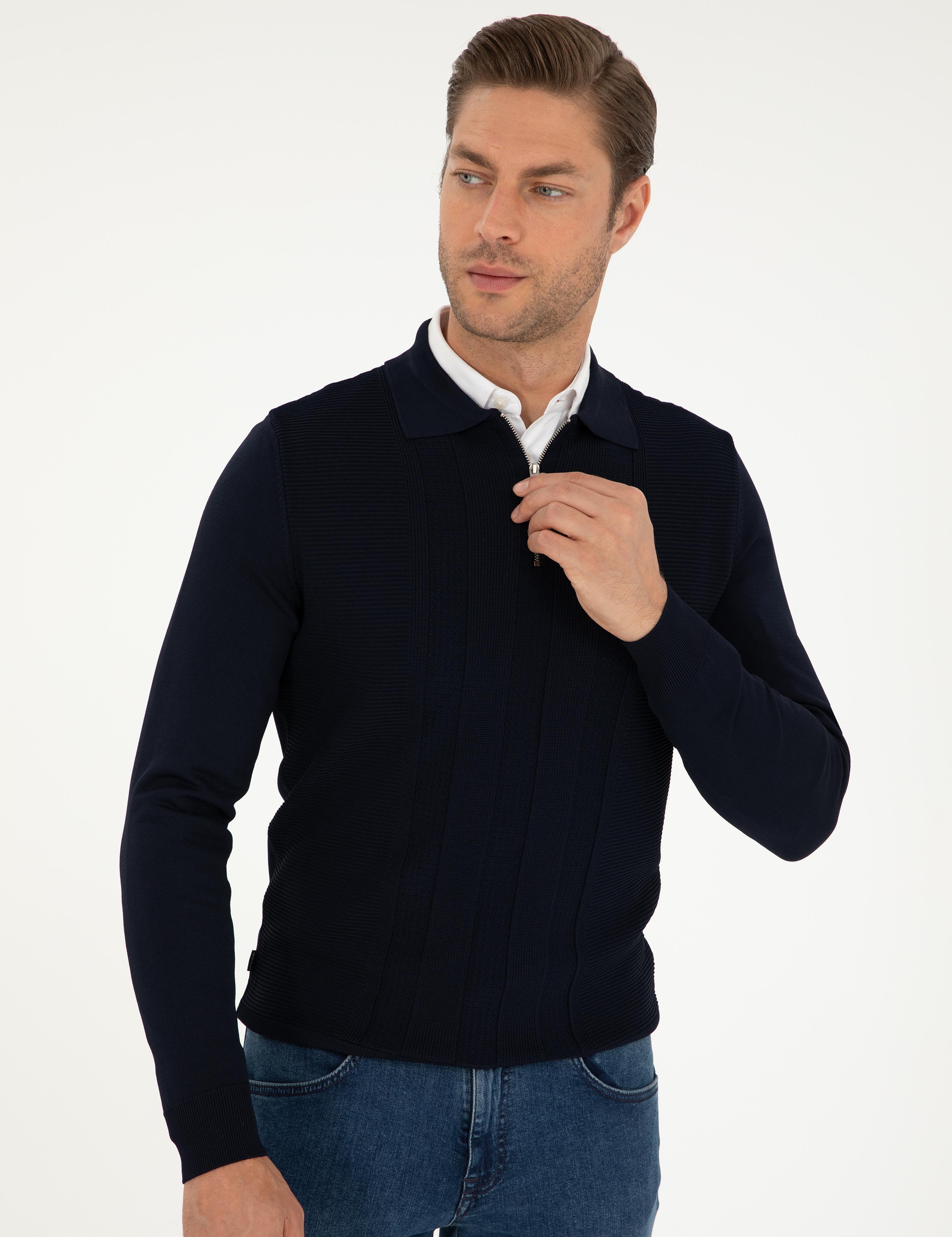 Lacivert Regular Fit Fermuarlı Polo Yaka Triko Kazak