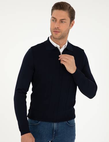 Lacivert Regular Fit Fermuarlı Polo Yaka Triko Kazak