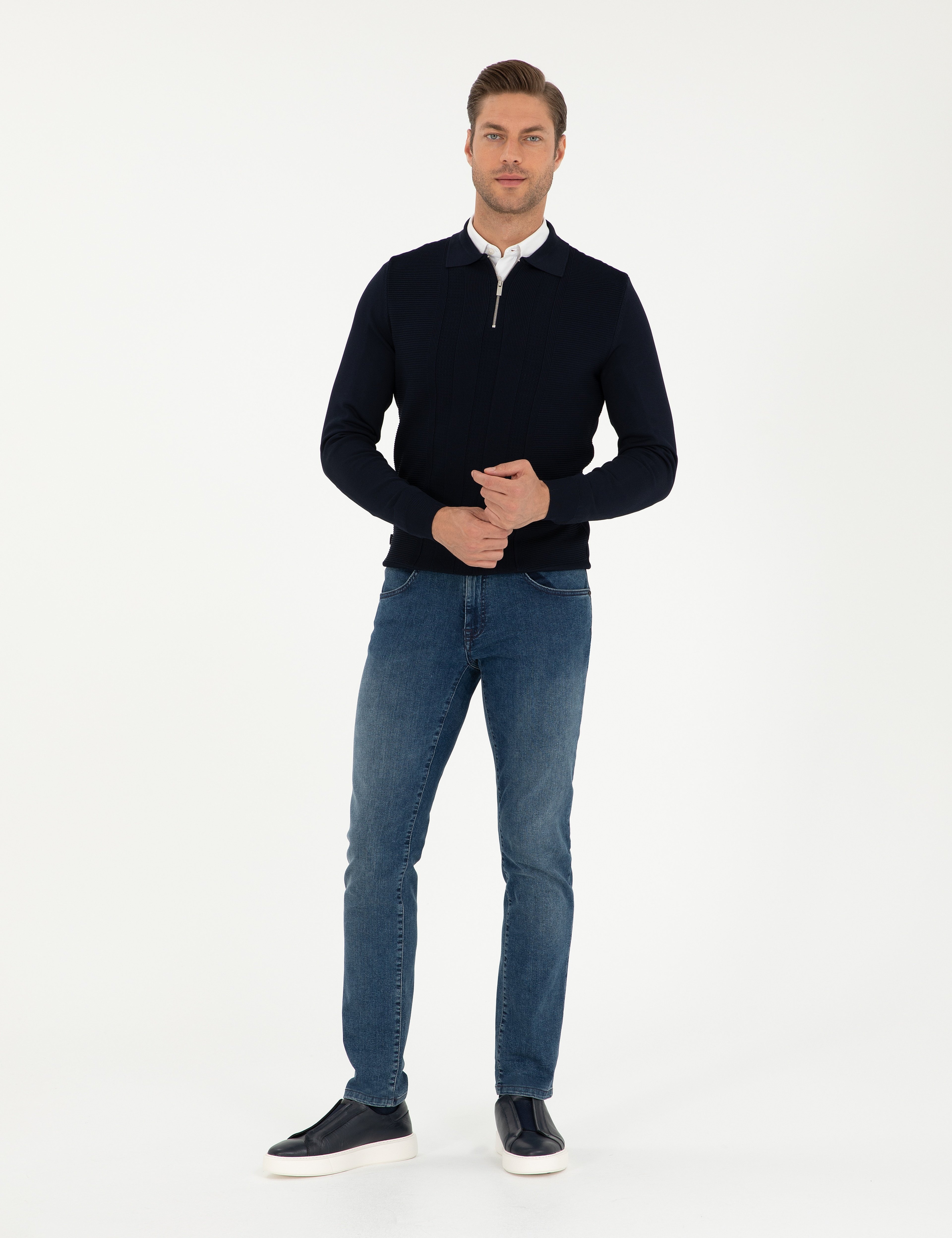 Lacivert Regular Fit Fermuarlı Polo Yaka Triko Kazak - Image 4