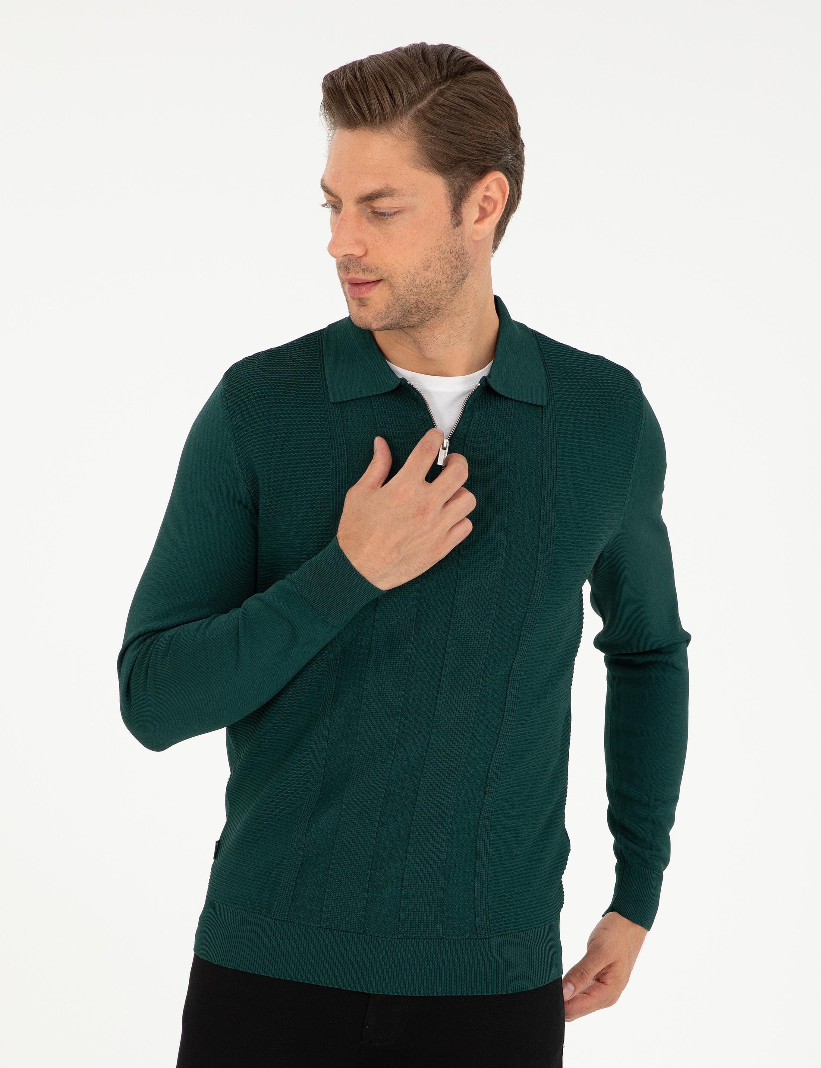 Yeşil Regular Fit Fermuarlı Polo Yaka Triko Kazak