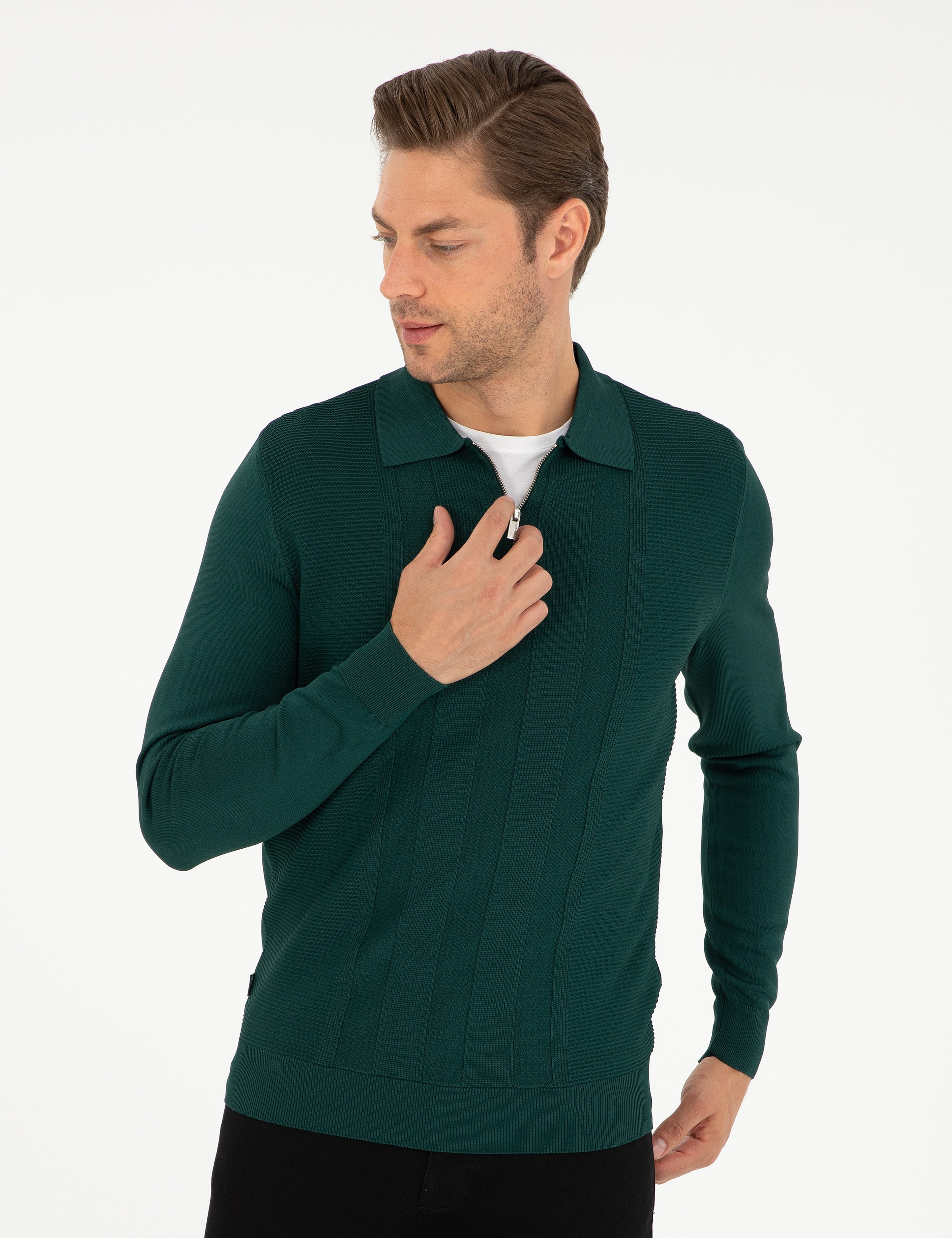 Yeşil Regular Fit Fermuarlı Polo Yaka Triko Kazak