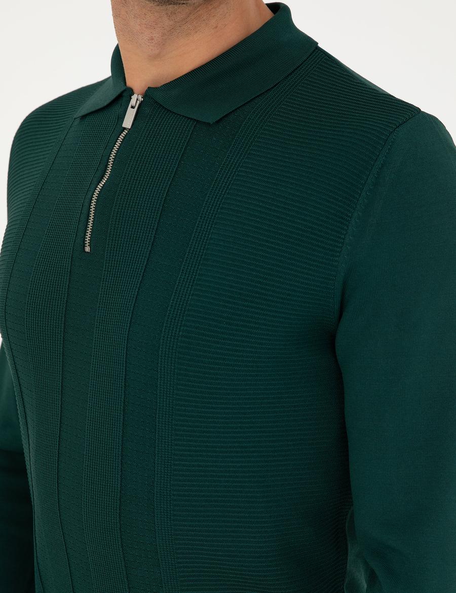 Yeşil Regular Fit Fermuarlı Polo Yaka Triko Kazak