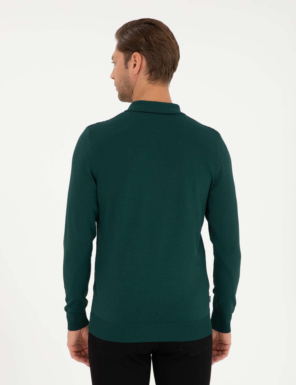 Yeşil Regular Fit Fermuarlı Polo Yaka Triko Kazak - 50296453023