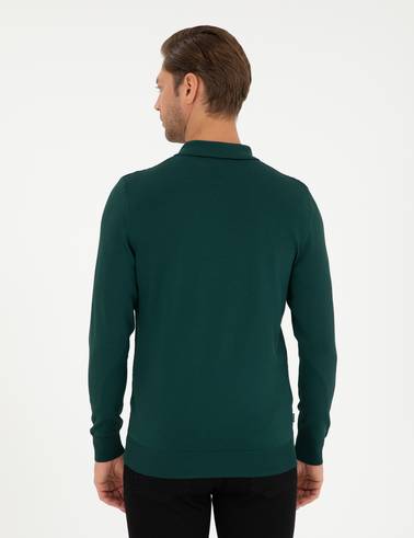 Yeşil Regular Fit Fermuarlı Polo Yaka Triko Kazak