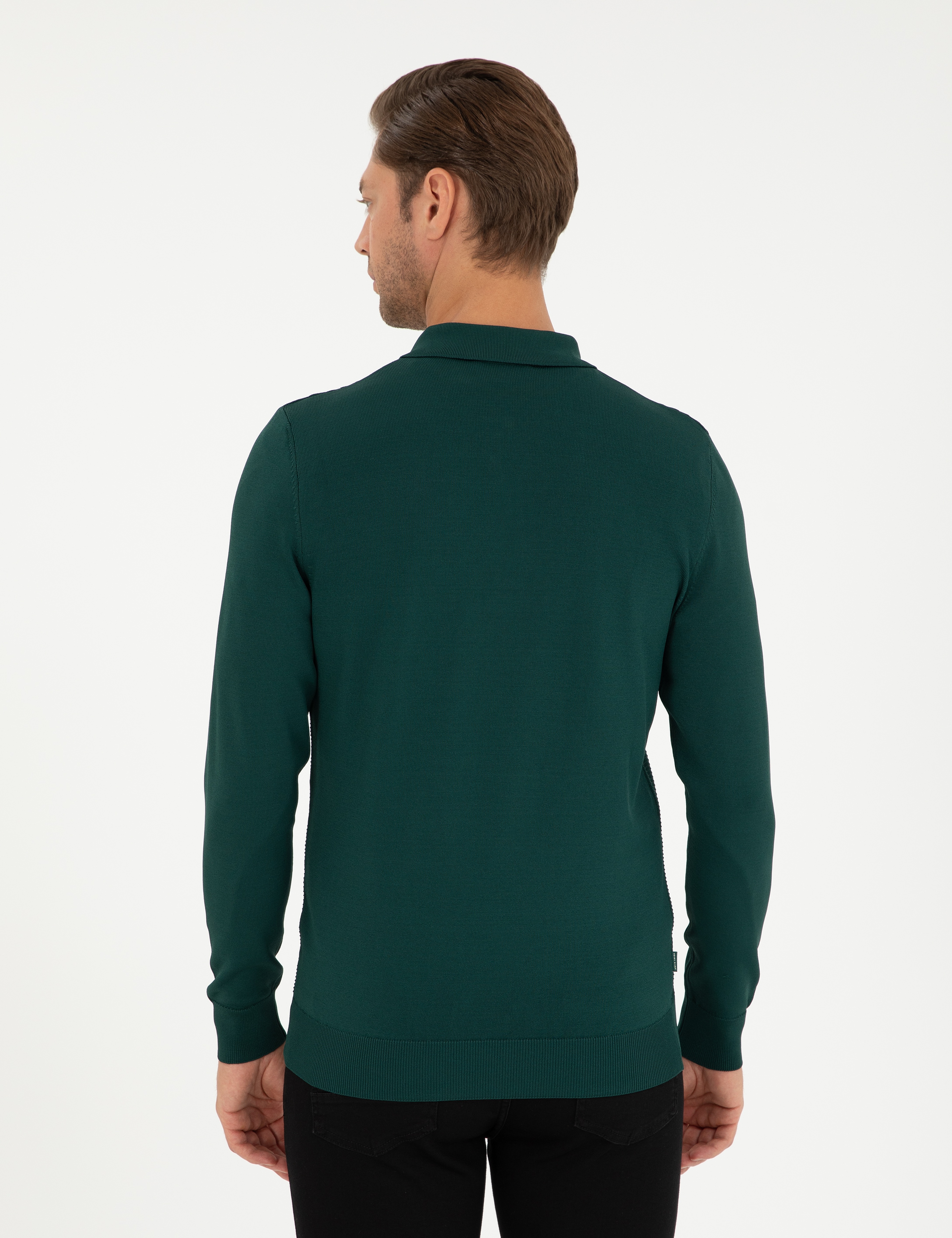 Yeşil Regular Fit Fermuarlı Polo Yaka Triko Kazak - Image 5