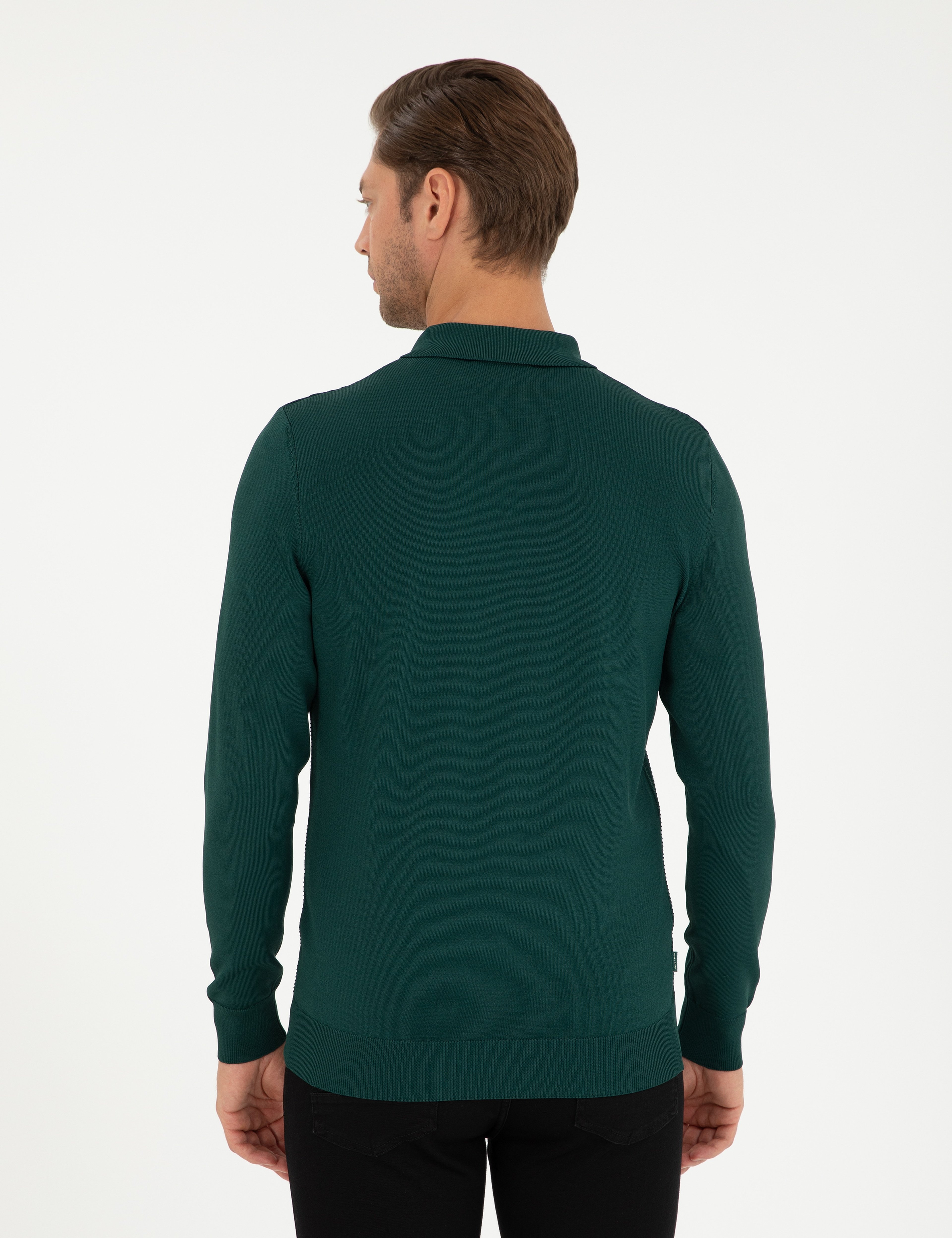 Yeşil Regular Fit Fermuarlı Polo Yaka Triko Kazak