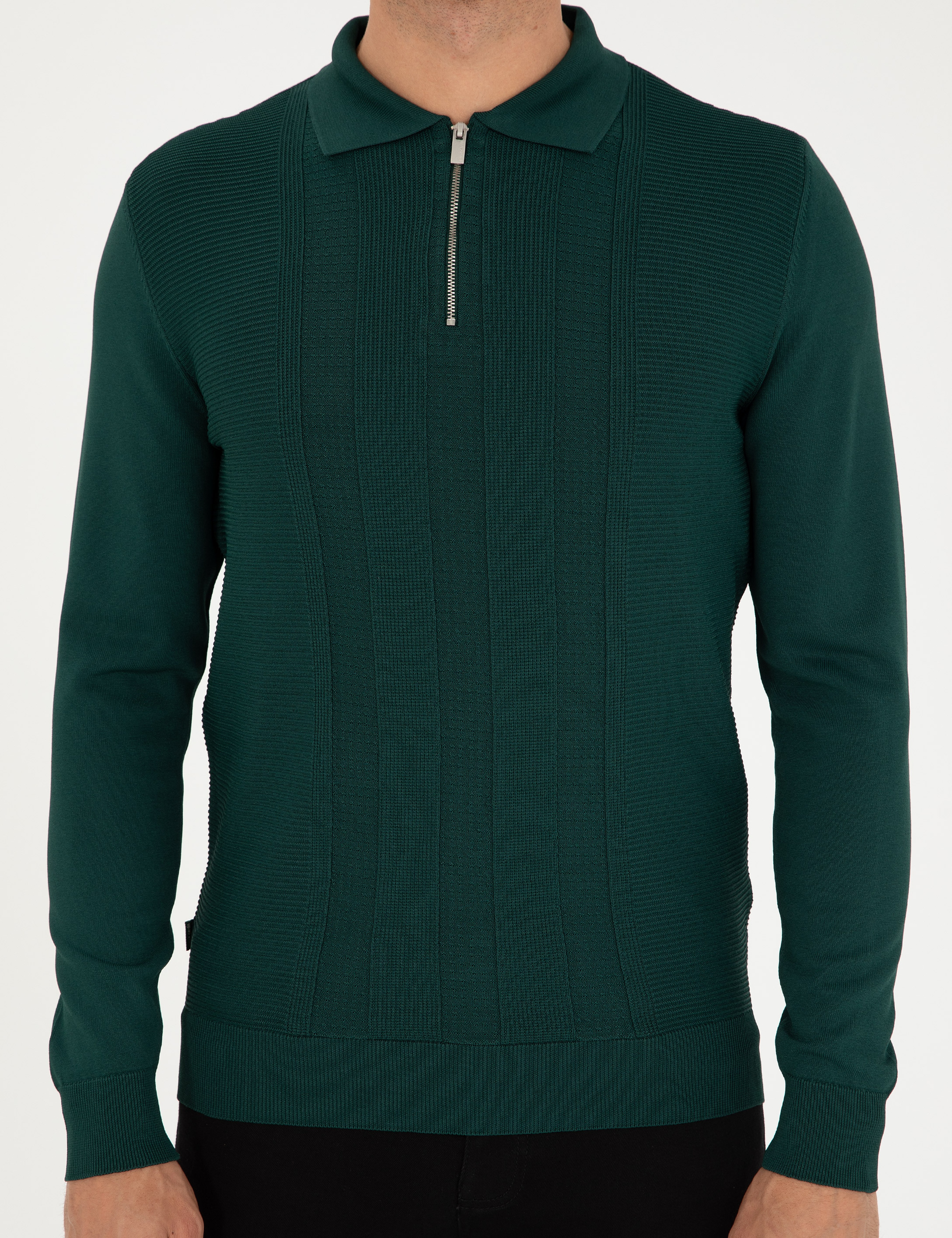 Yeşil Regular Fit Fermuarlı Polo Yaka Triko Kazak - Image 6