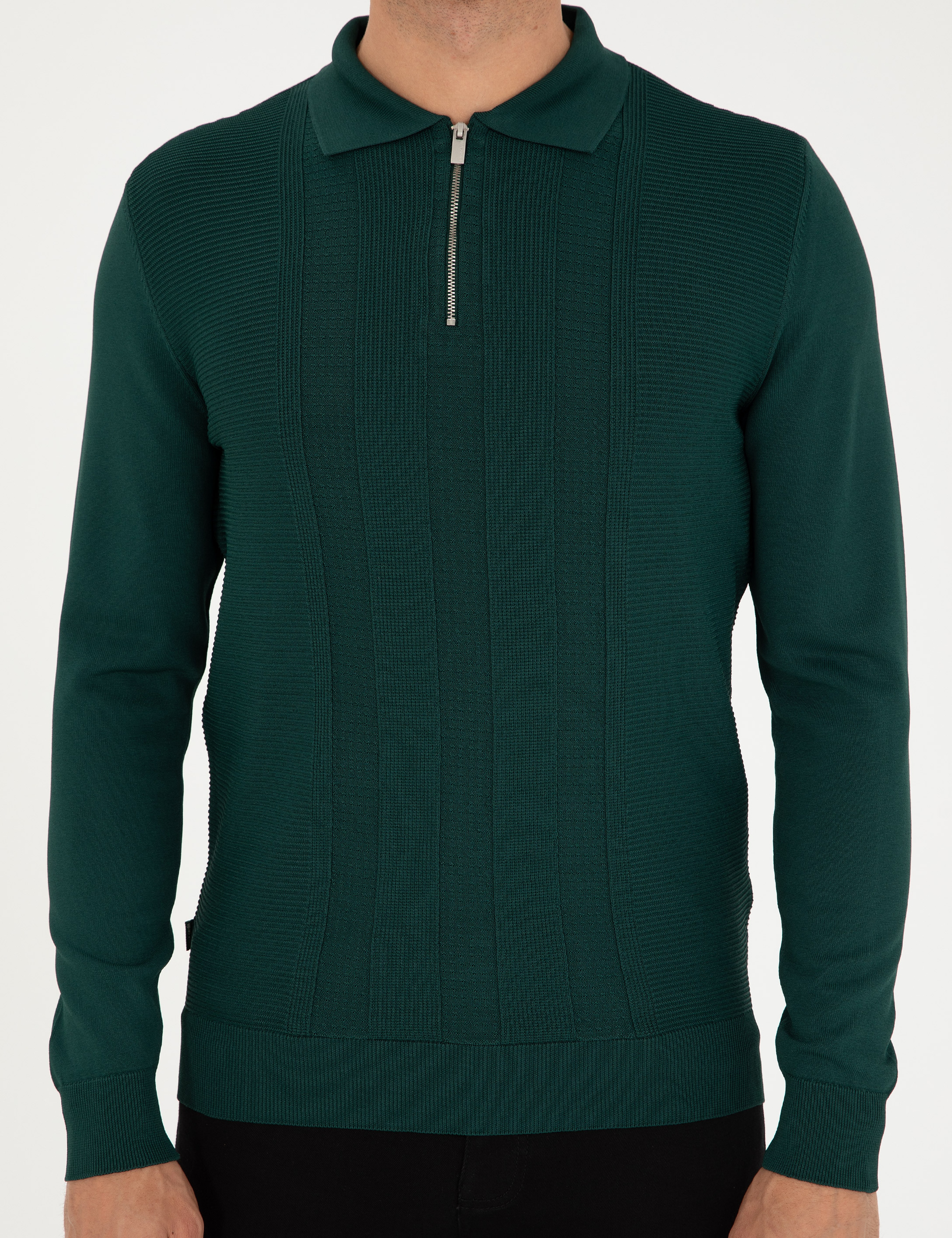 Yeşil Regular Fit Fermuarlı Polo Yaka Triko Kazak