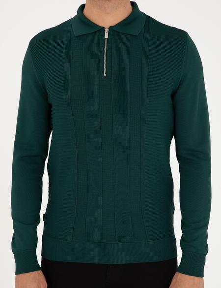 Yeşil Regular Fit Fermuarlı Polo Yaka Triko Kazak - 50296453023