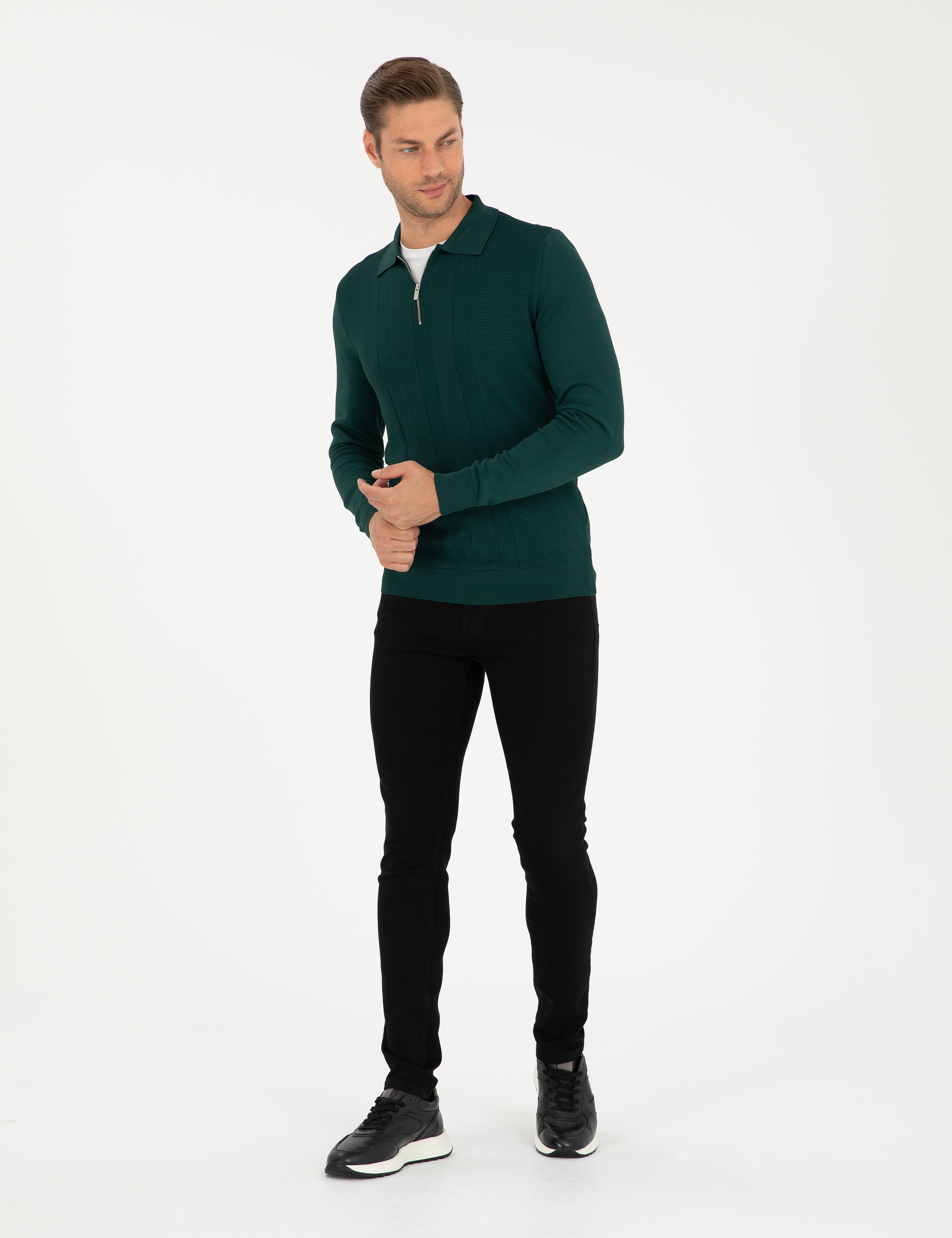 Yeşil Regular Fit Fermuarlı Polo Yaka Triko Kazak - Image 4