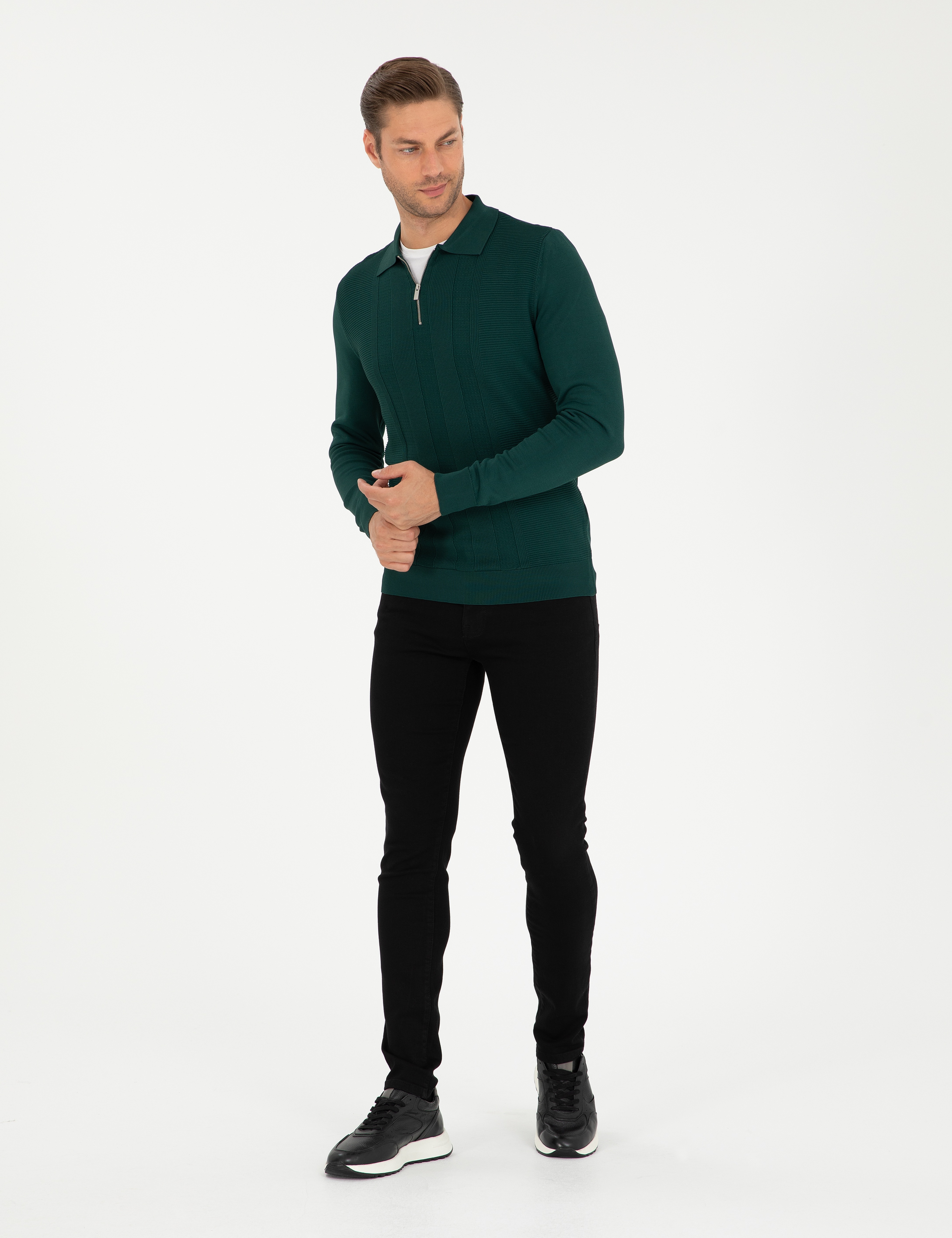 Yeşil Regular Fit Fermuarlı Polo Yaka Triko Kazak