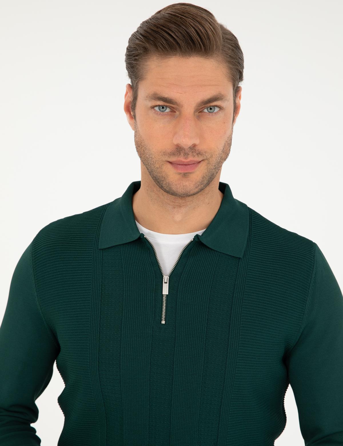 Yeşil Regular Fit Fermuarlı Polo Yaka Triko Kazak - 50296453023