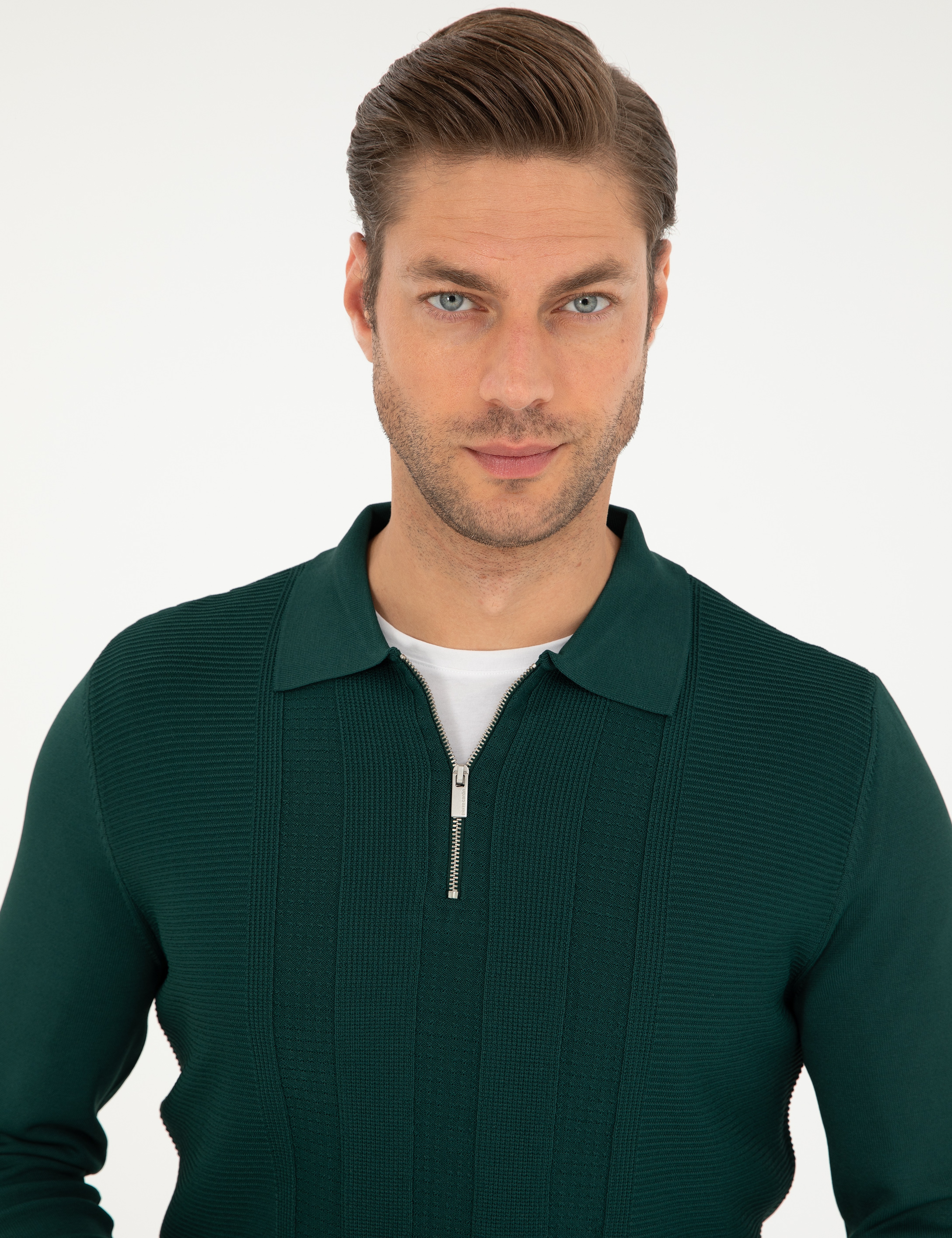 Yeşil Regular Fit Fermuarlı Polo Yaka Triko Kazak
