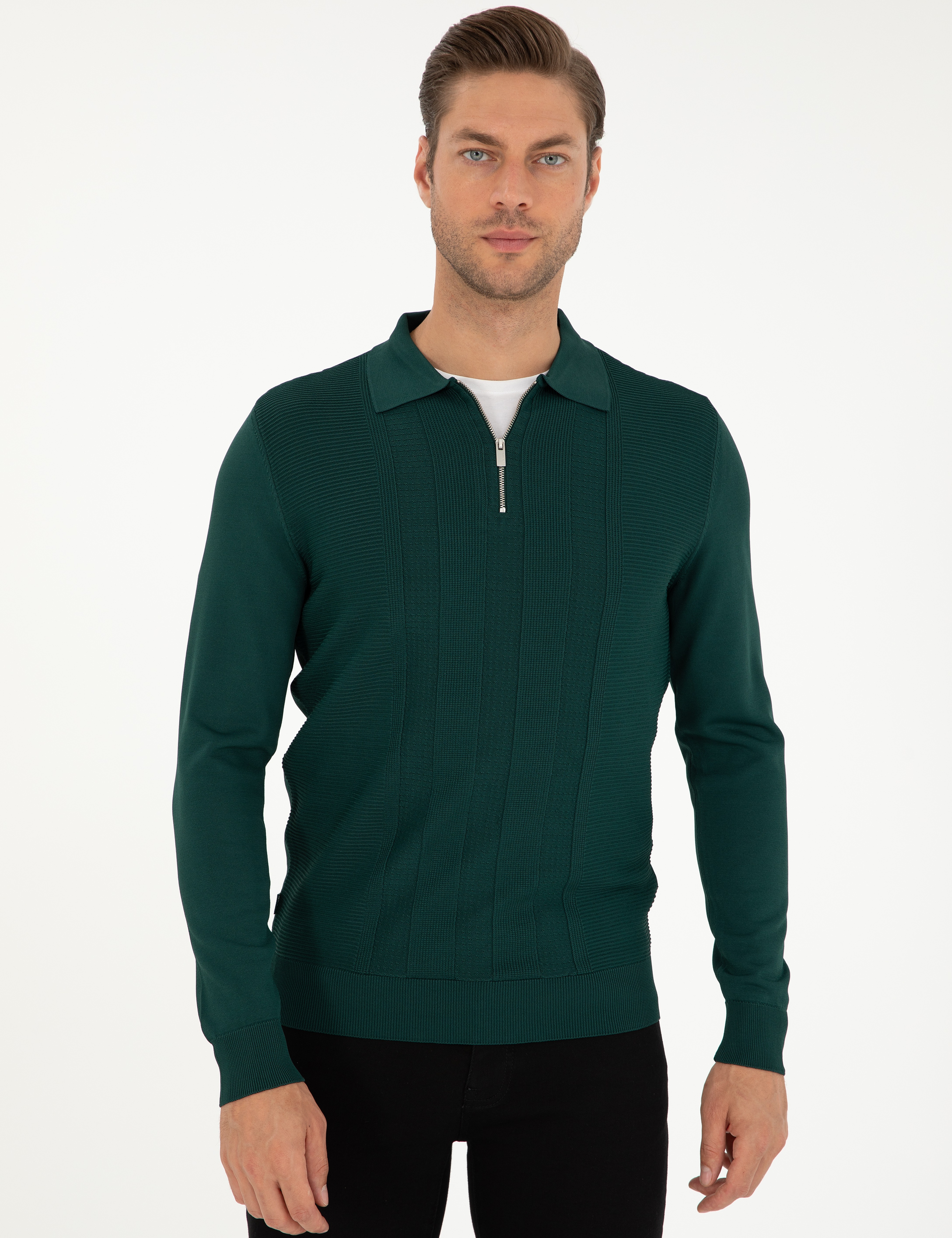 Yeşil Regular Fit Fermuarlı Polo Yaka Triko Kazak