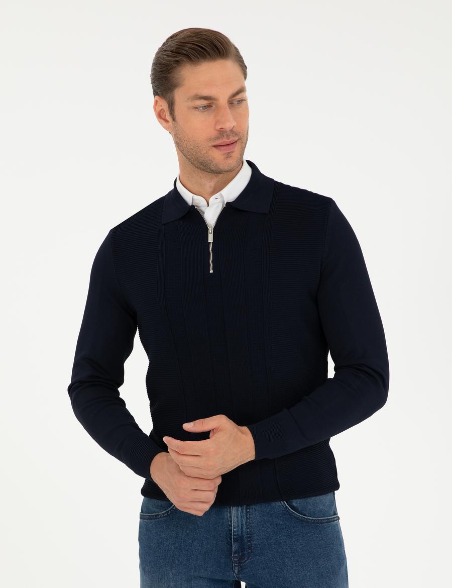 Lacivert Regular Fit Fermuarlı Polo Yaka Triko Kazak