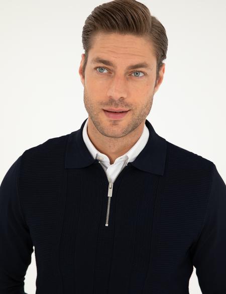 Lacivert Regular Fit Fermuarlı Polo Yaka Triko Kazak - 50296453003