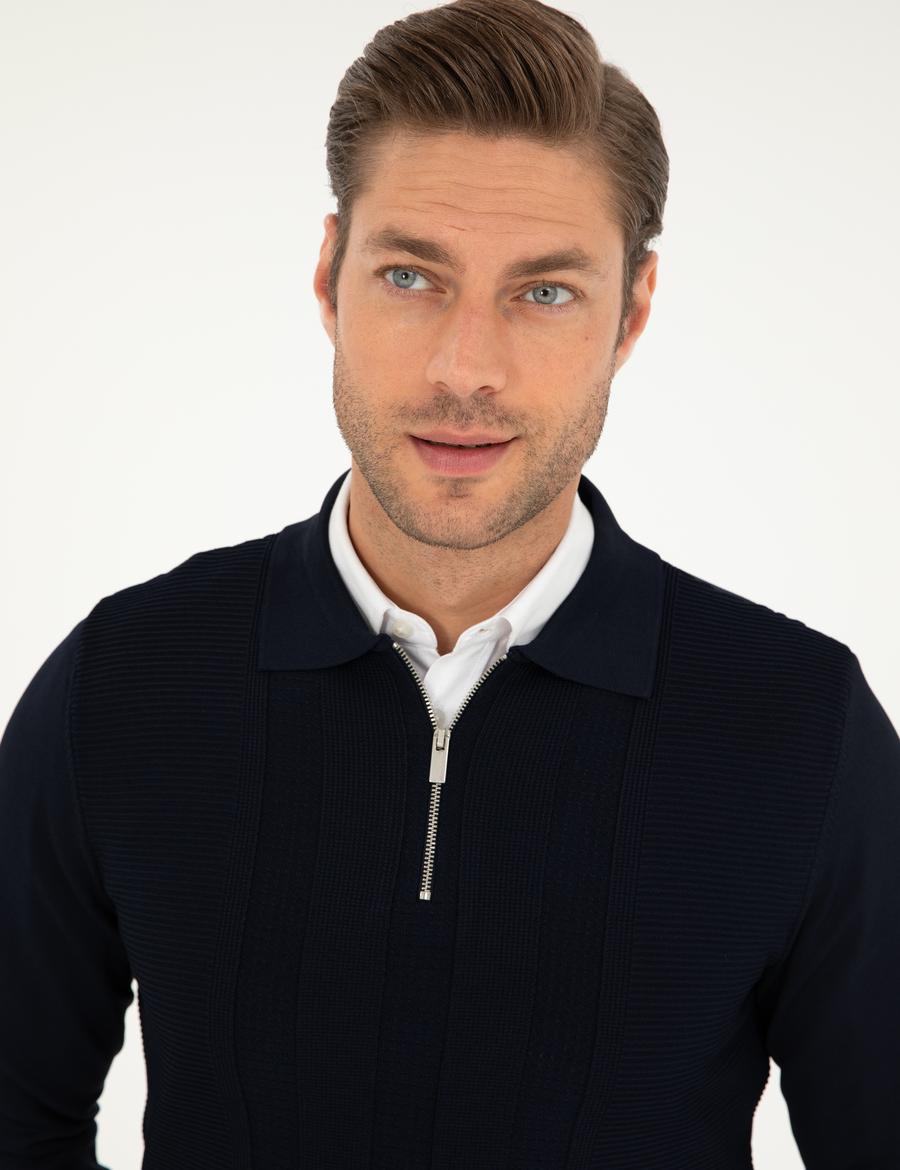 Lacivert Regular Fit Fermuarlı Polo Yaka Triko Kazak