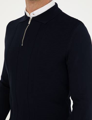 Lacivert Regular Fit Fermuarlı Polo Yaka Triko Kazak