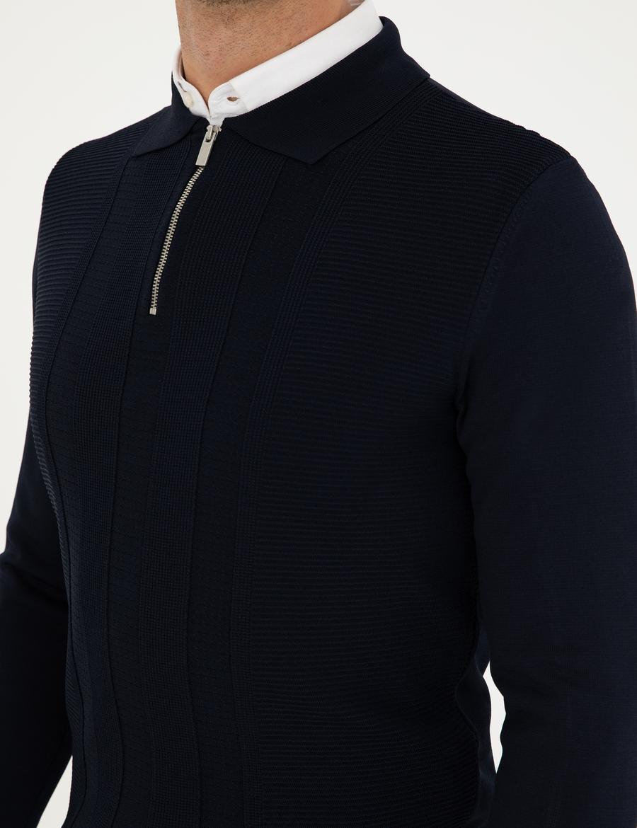 Lacivert Regular Fit Fermuarlı Polo Yaka Triko Kazak