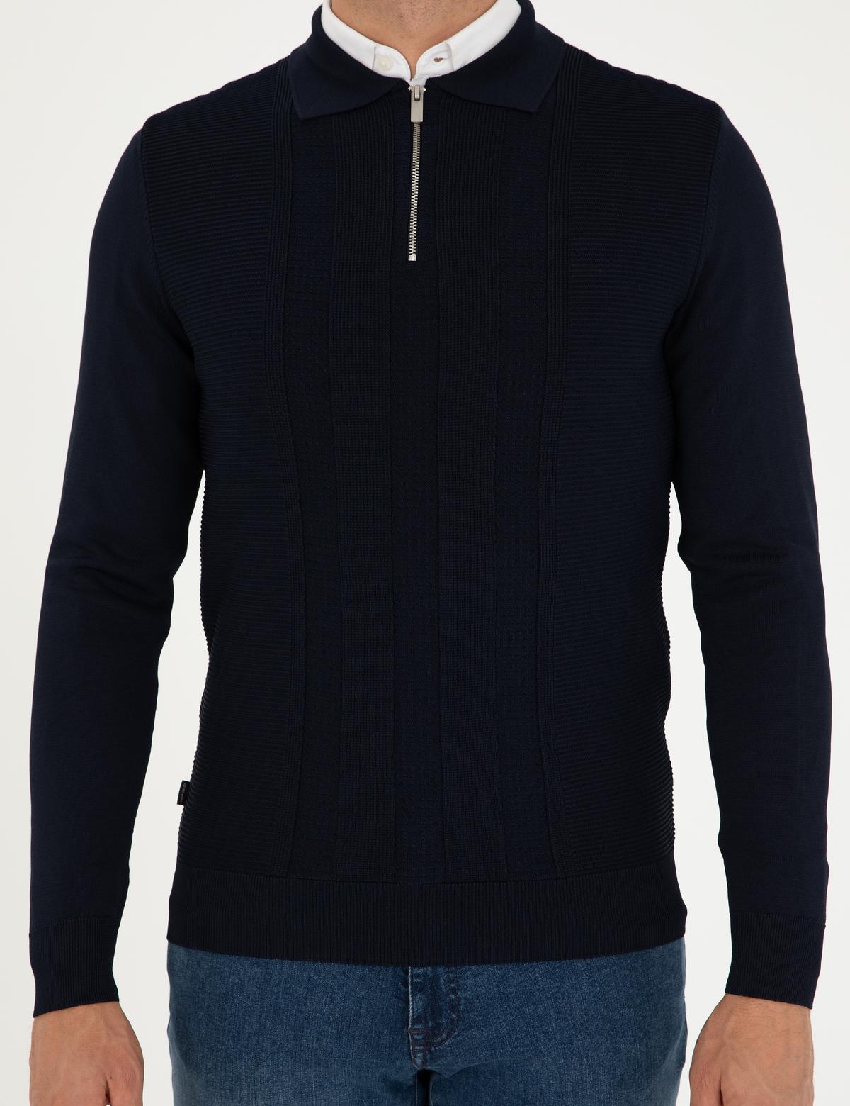 Lacivert Regular Fit Fermuarlı Polo Yaka Triko Kazak - 50296453003