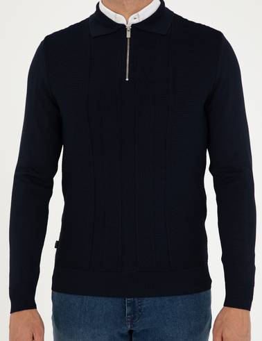 Lacivert Regular Fit Fermuarlı Polo Yaka Triko Kazak