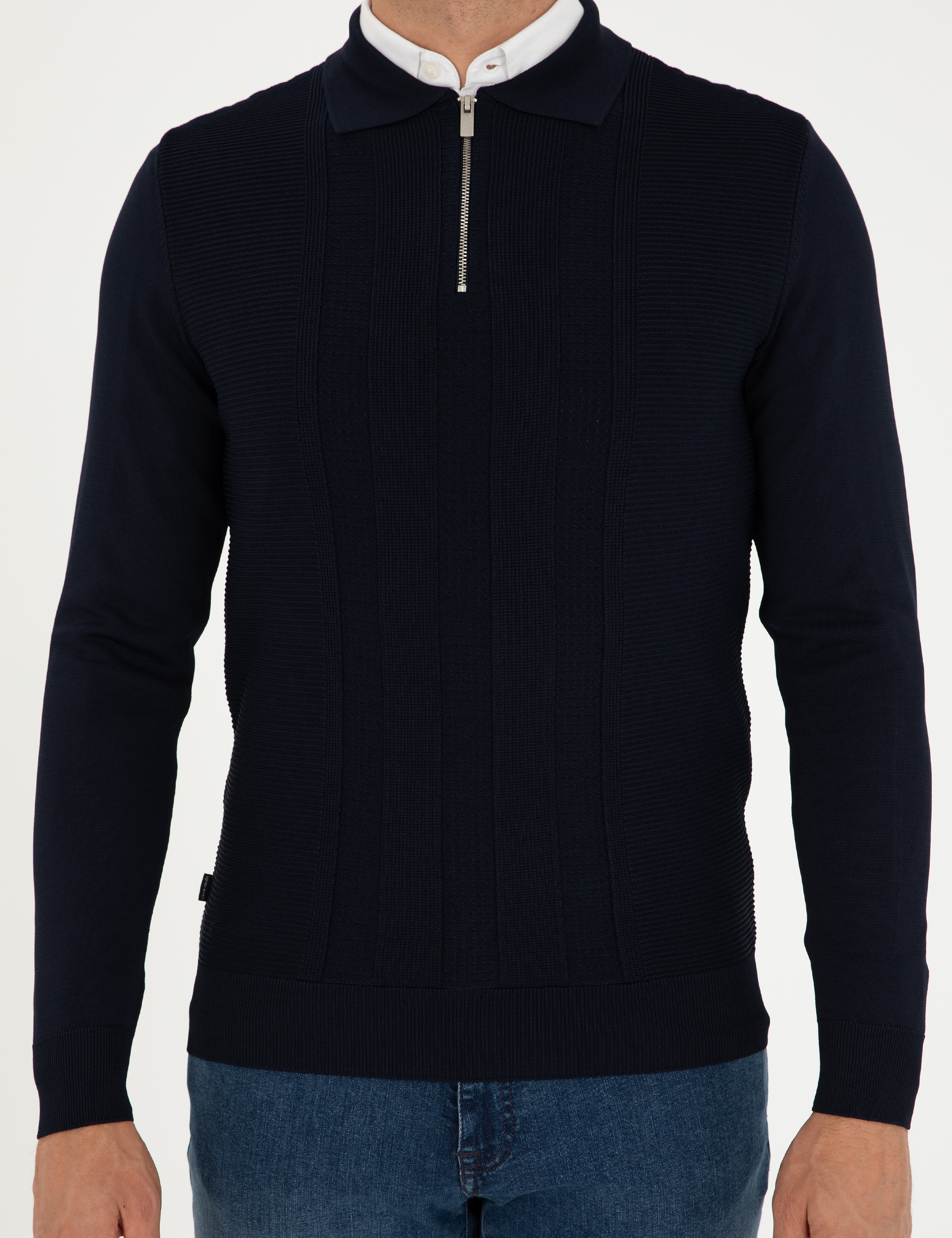 Lacivert Regular Fit Fermuarlı Polo Yaka Triko Kazak