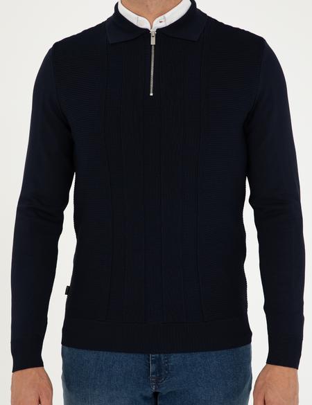 Lacivert Regular Fit Fermuarlı Polo Yaka Triko Kazak - 50296453003