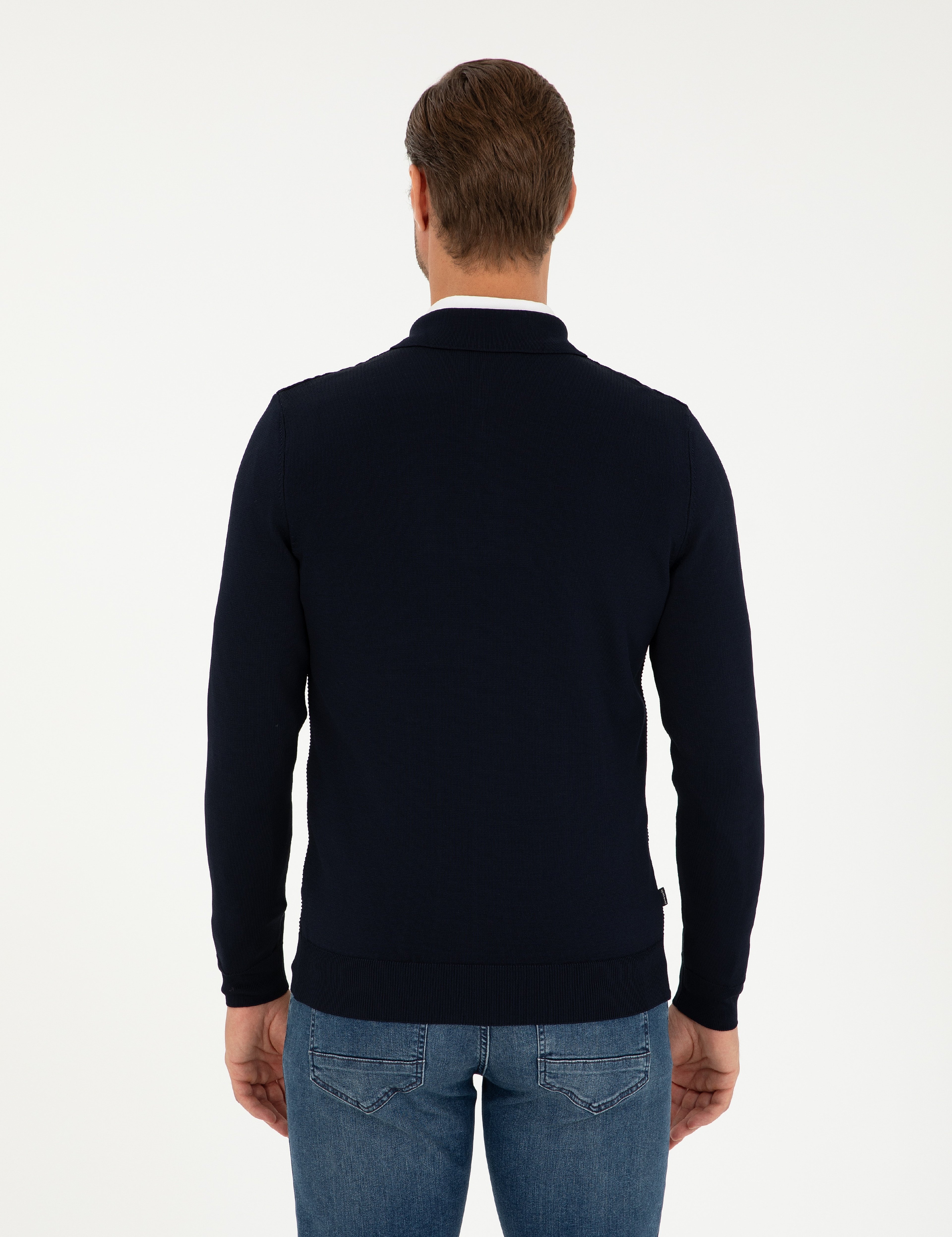 Lacivert Regular Fit Fermuarlı Polo Yaka Triko Kazak - Image 5
