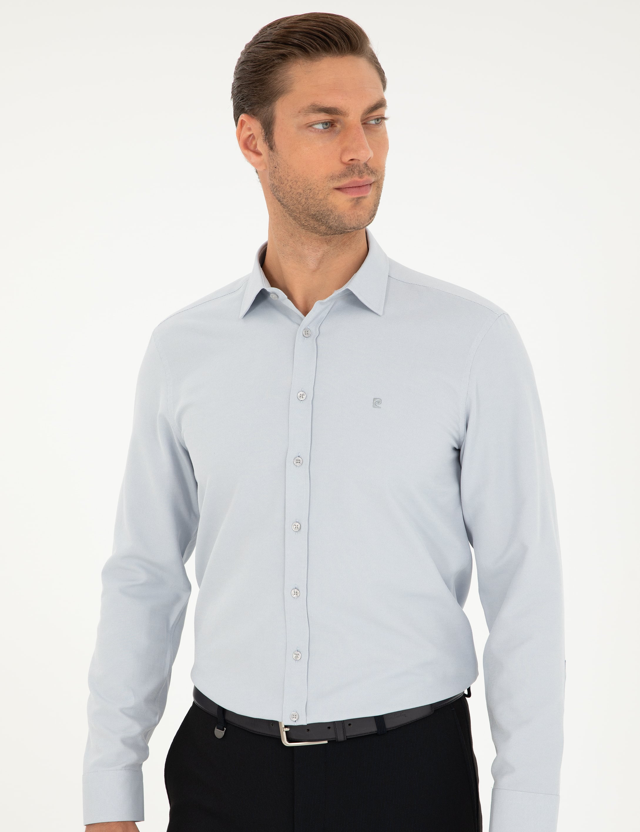 Gri Oxford Slim Fit Uzun Kollu Gömlek - Image 3