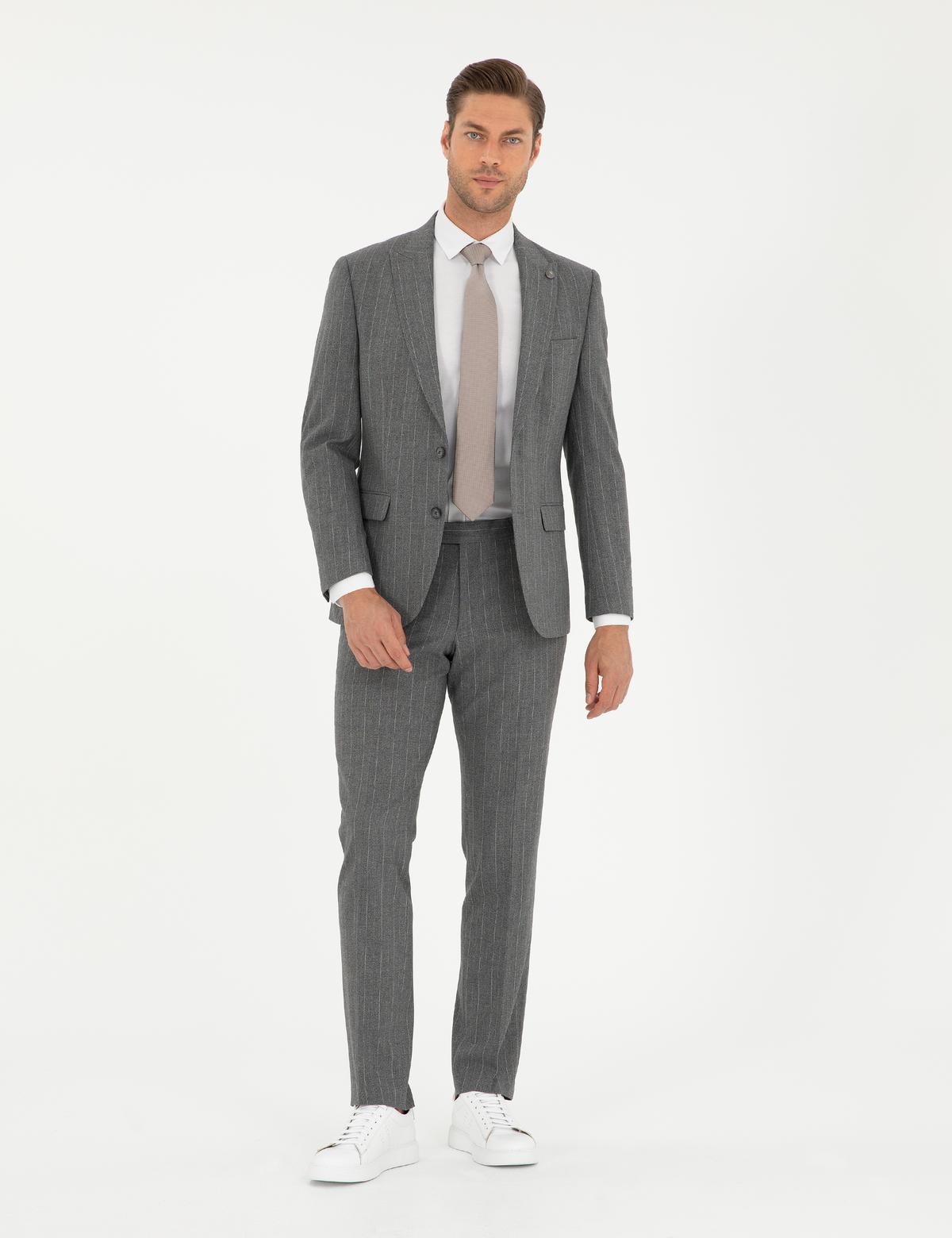 Füme Slim Fit Çizgili Takım Elbise