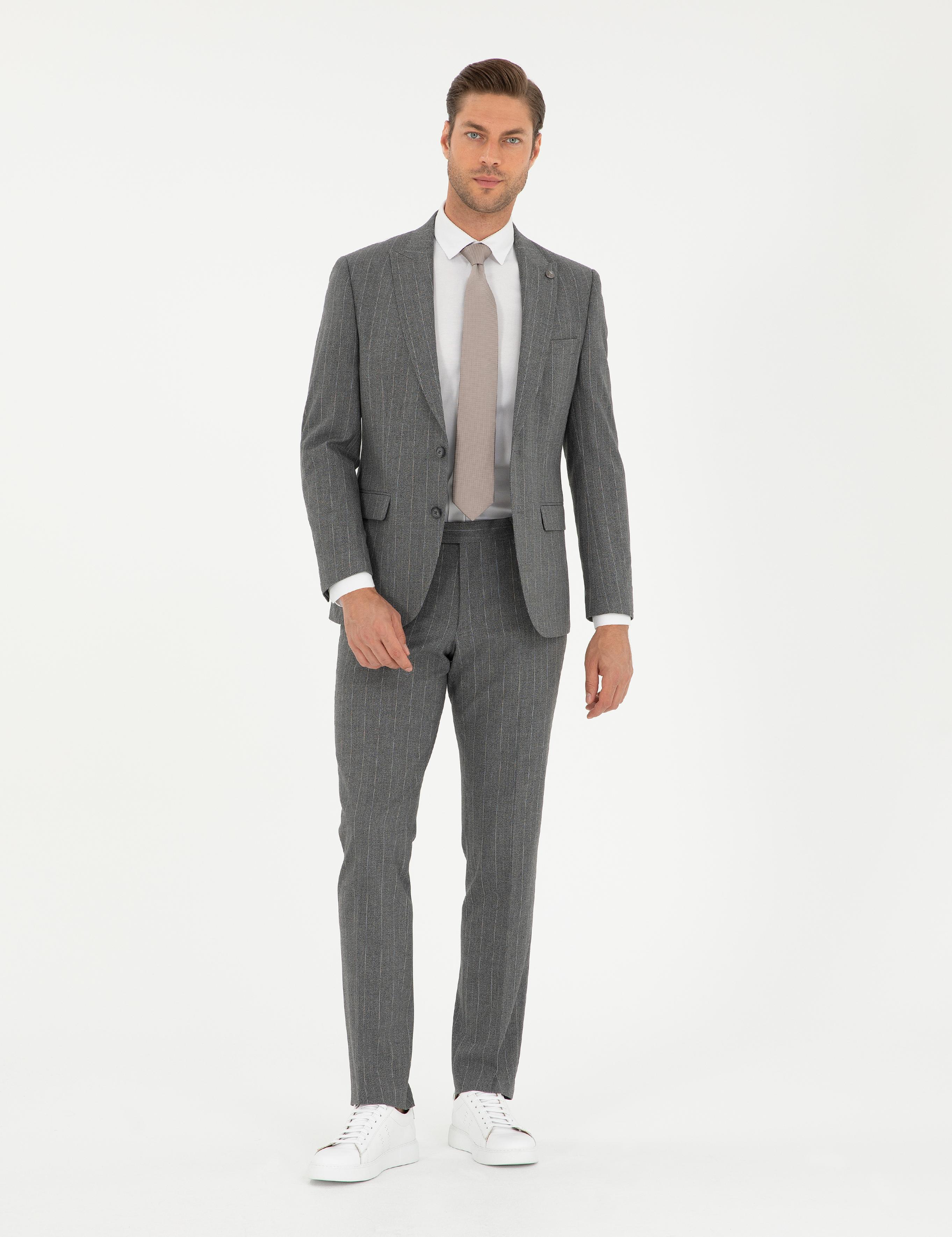 Füme Slim Fit Çizgili Takım Elbise