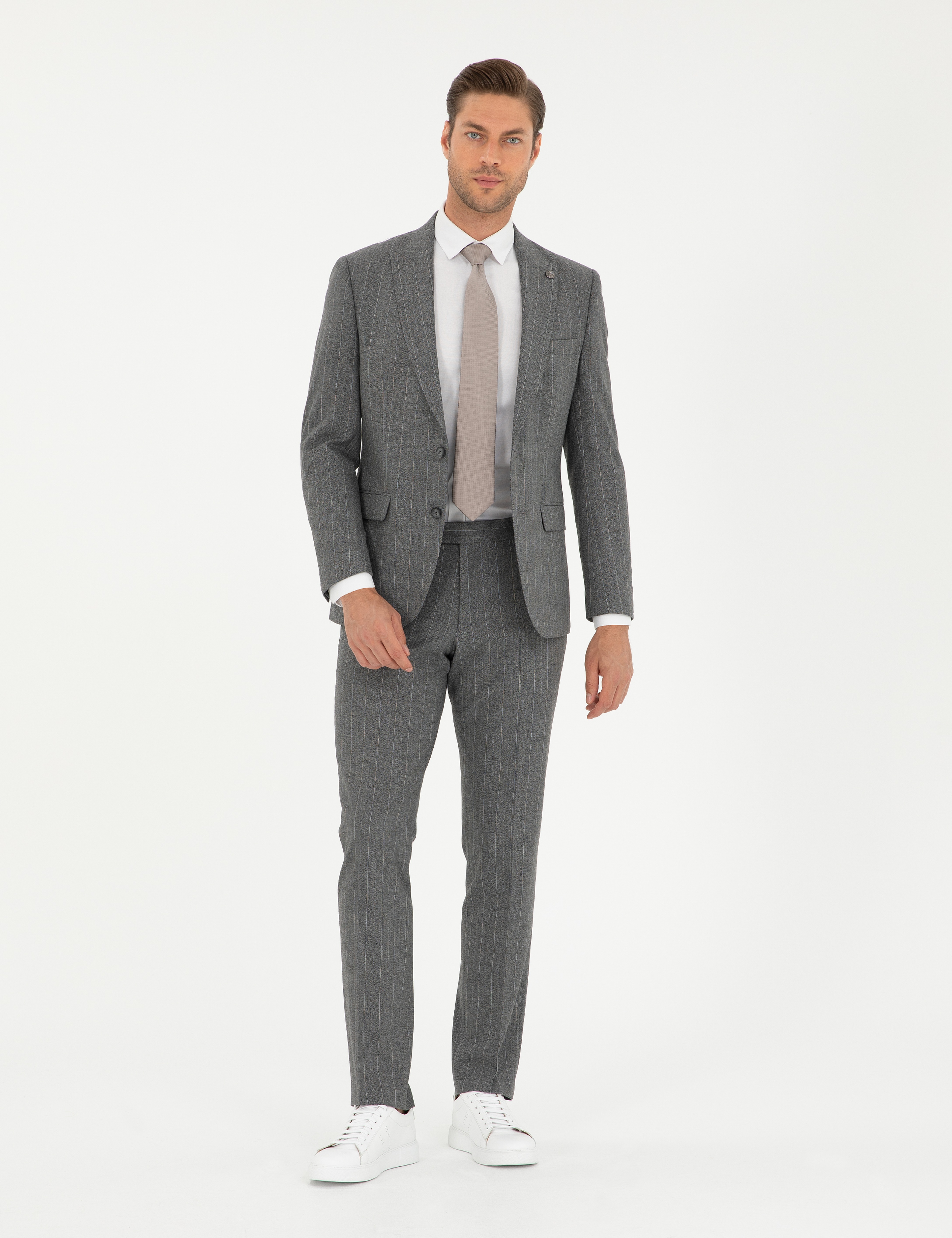 Füme Slim Fit Çizgili Takım Elbise