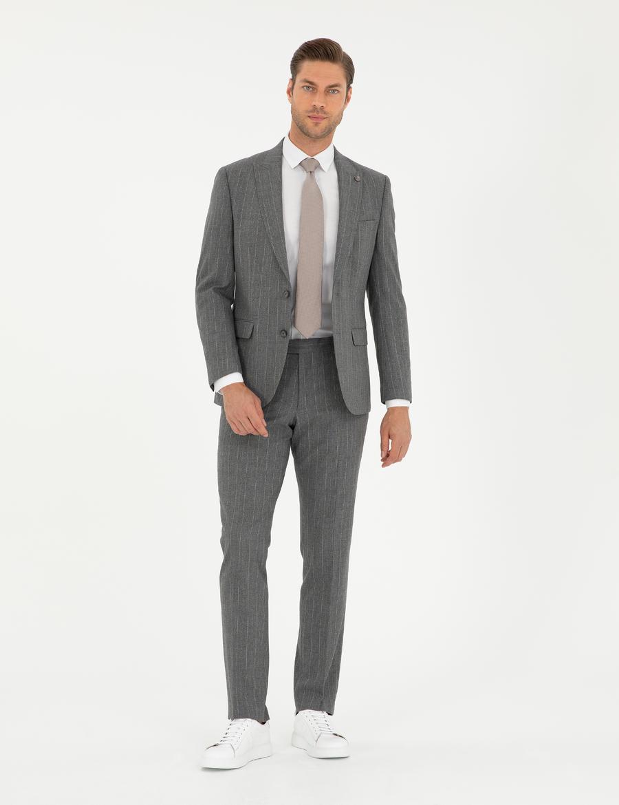 Füme Slim Fit Çizgili Takım Elbise