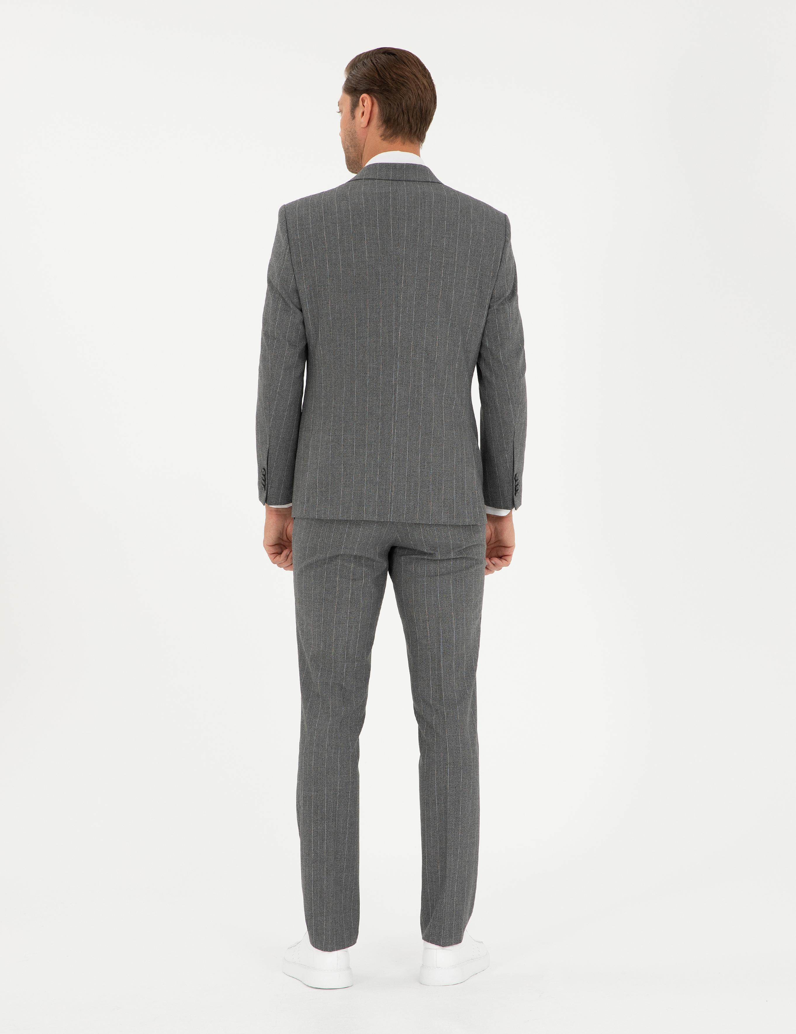 Füme Slim Fit Çizgili Takım Elbise