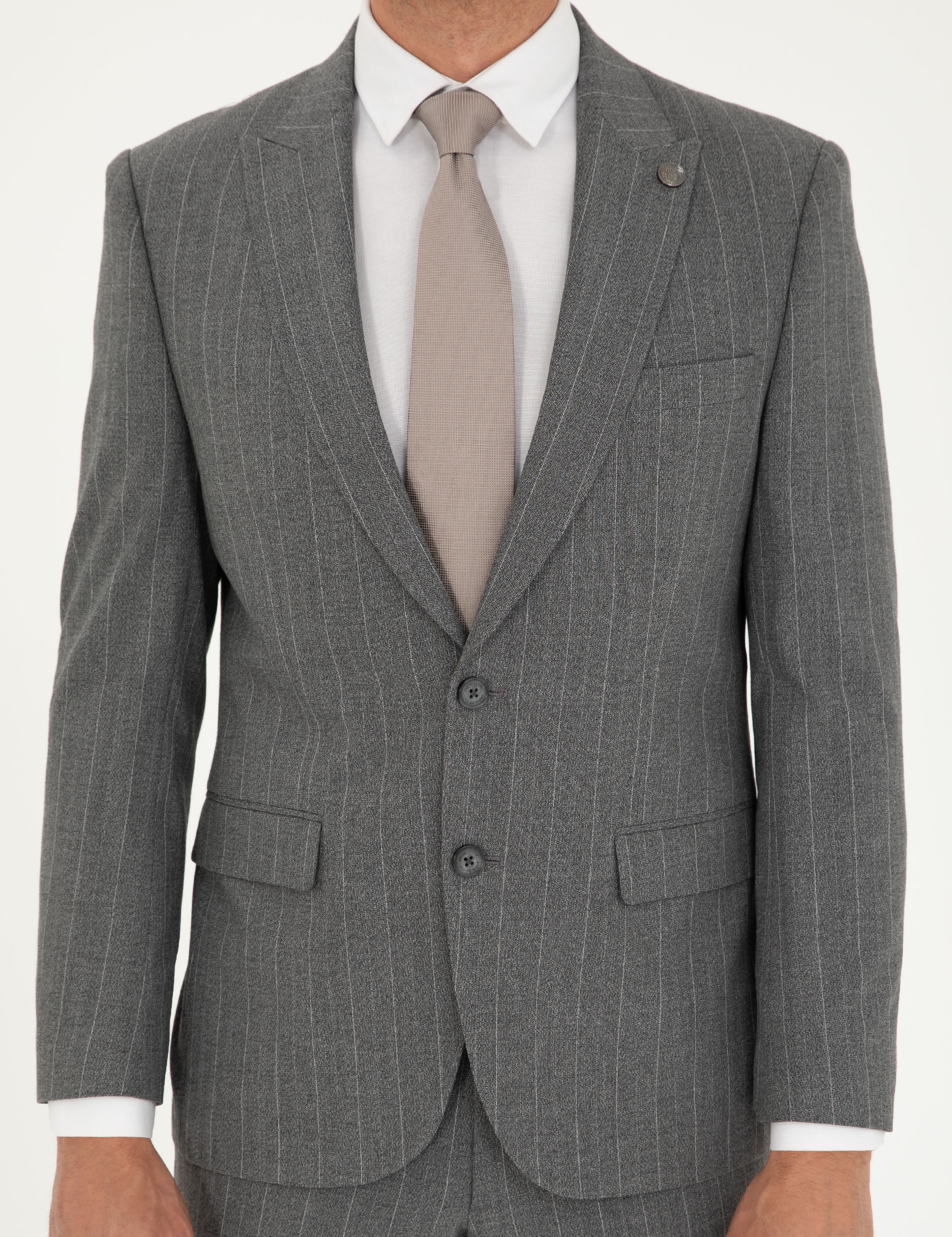 Füme Slim Fit Çizgili Takım Elbise - Image 6