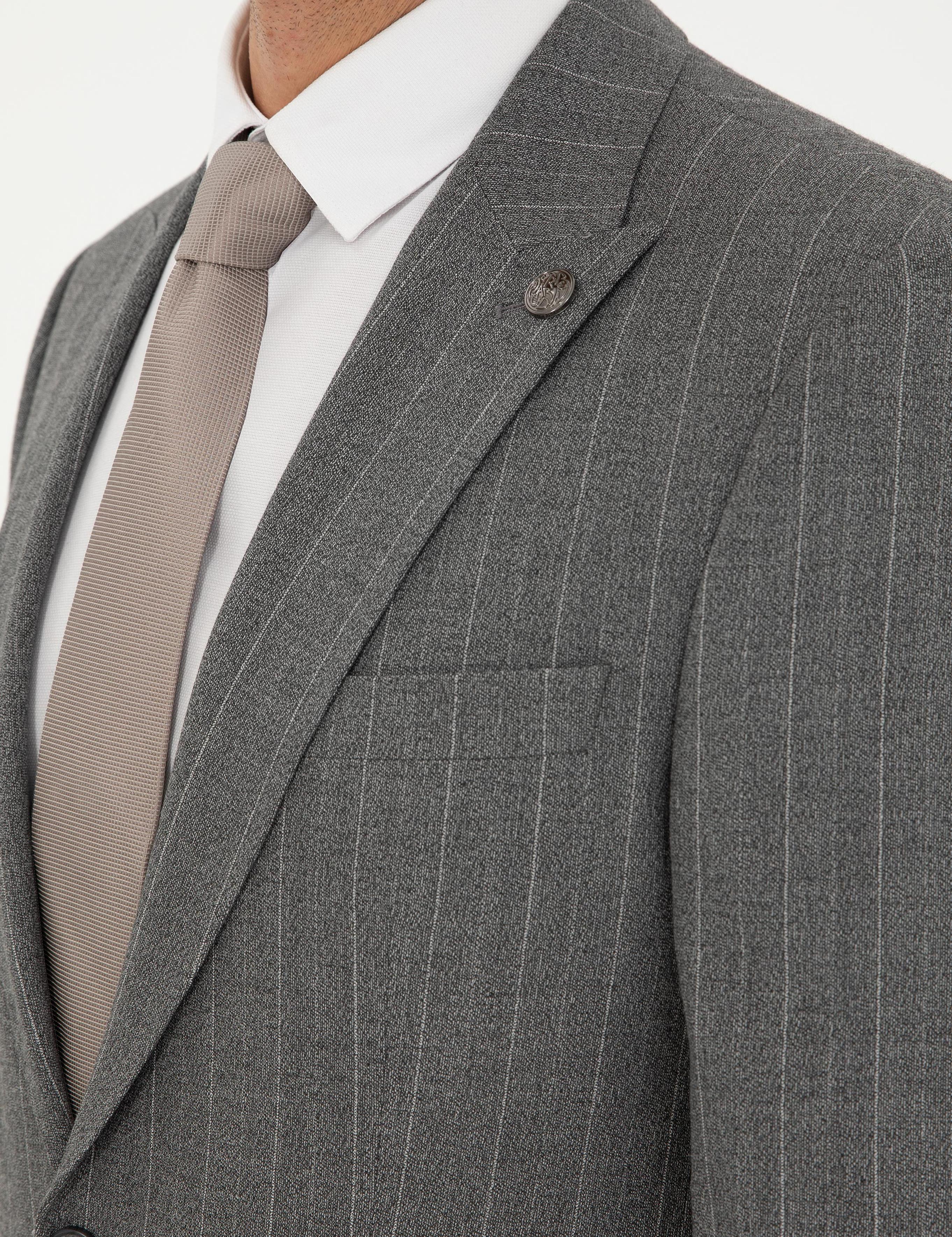 Füme Slim Fit Çizgili Takım Elbise