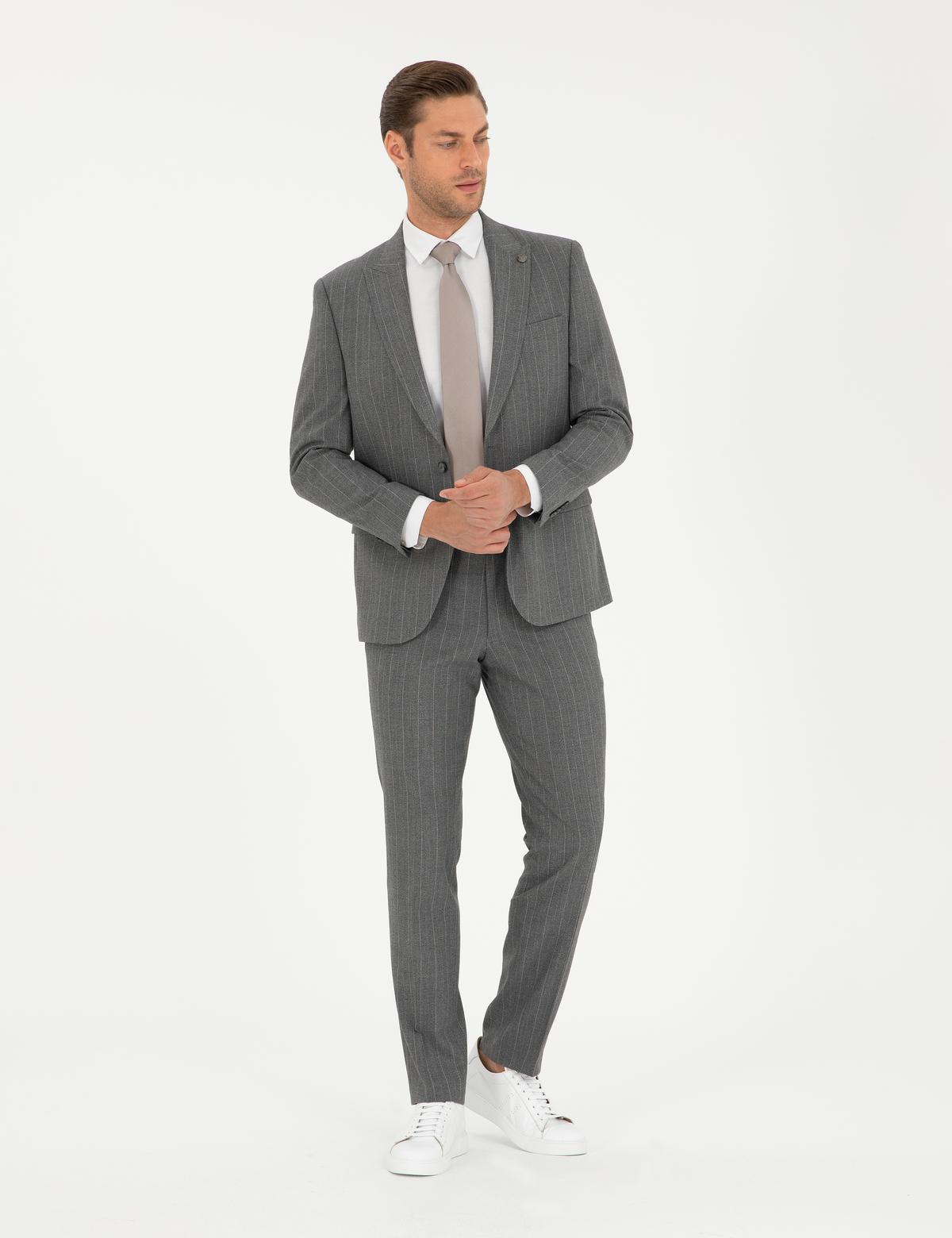 Füme Slim Fit Çizgili Takım Elbise - 50295219026