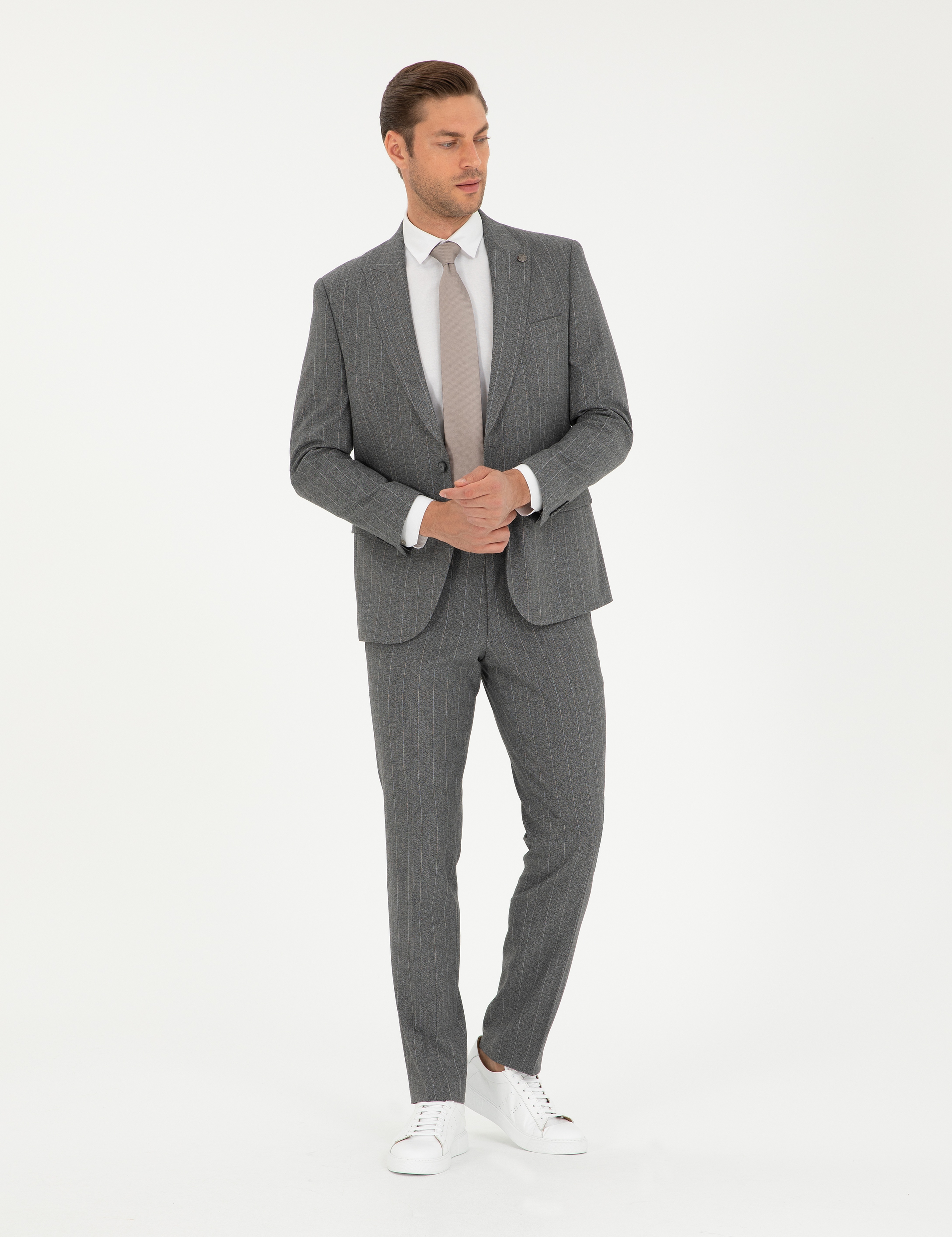 Füme Slim Fit Çizgili Takım Elbise - Image 4