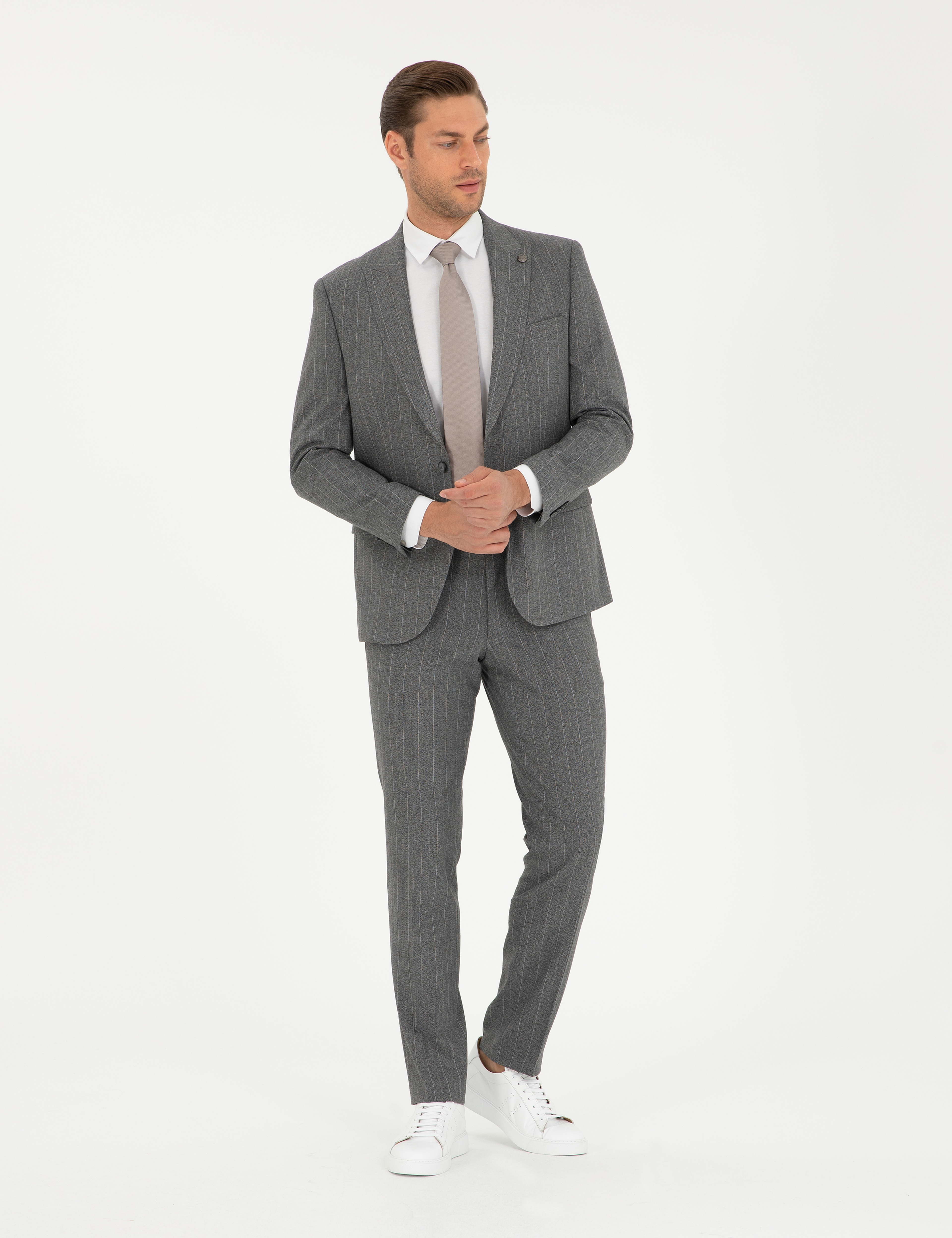 Füme Slim Fit Çizgili Takım Elbise