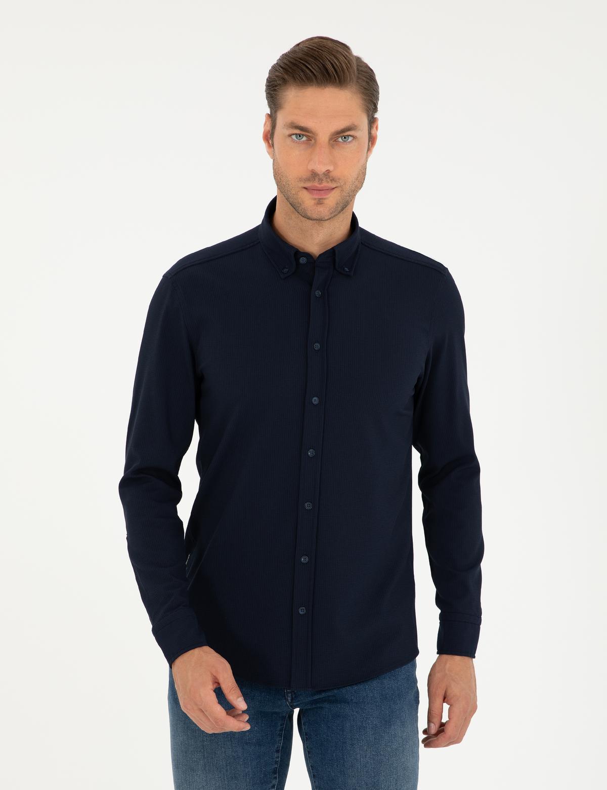 Lacivert Slim Fit Uzun Kollu Gömlek