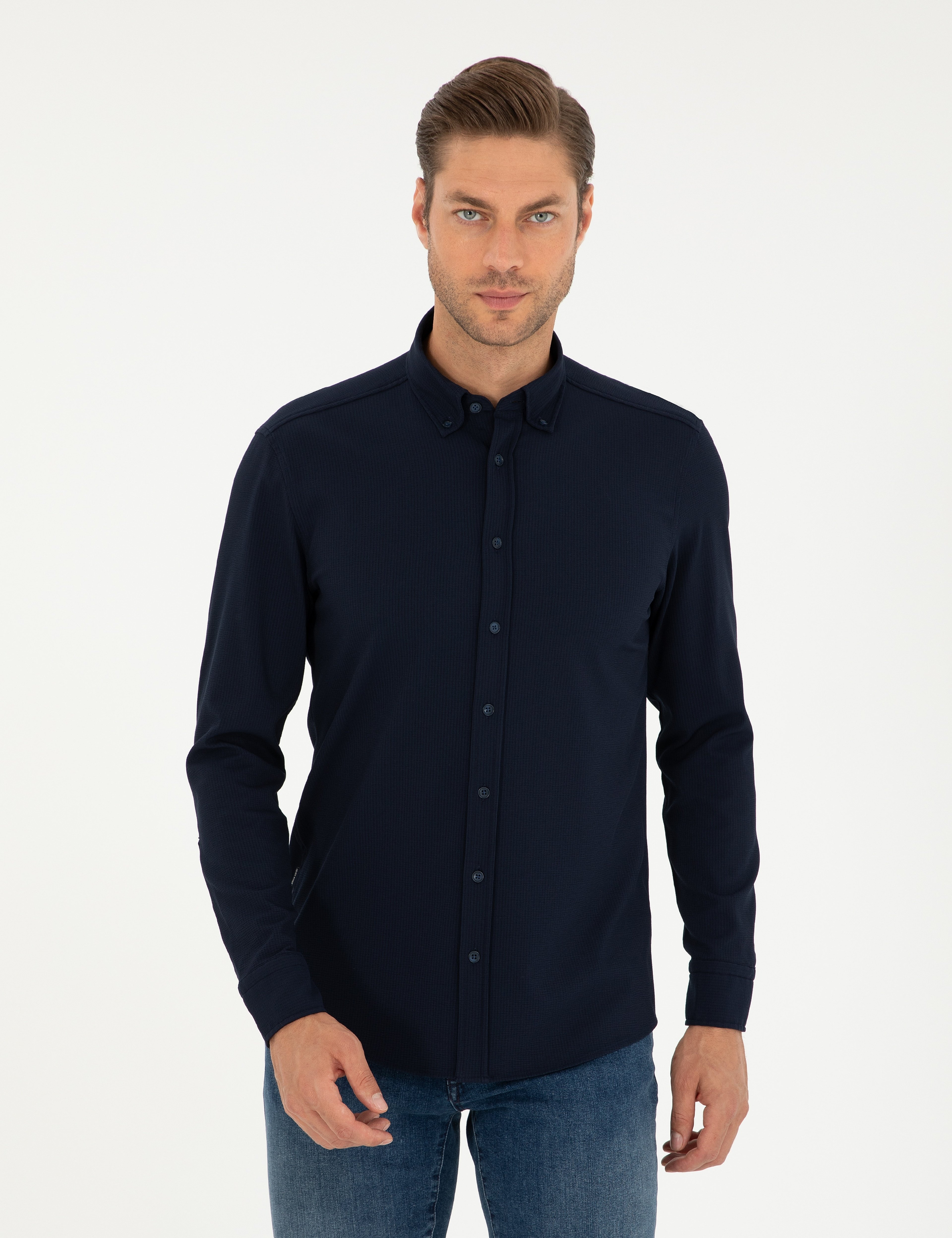 Lacivert Slim Fit Uzun Kollu Gömlek