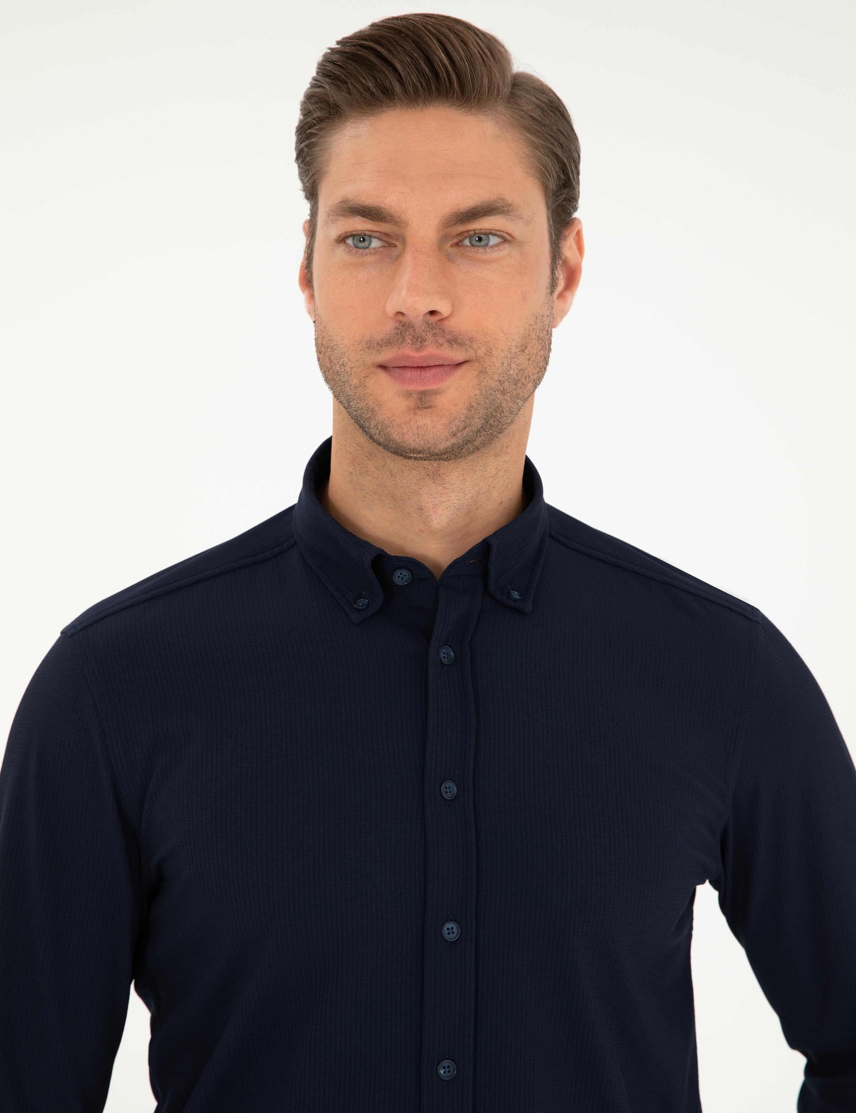 Lacivert Slim Fit Uzun Kollu Gömlek