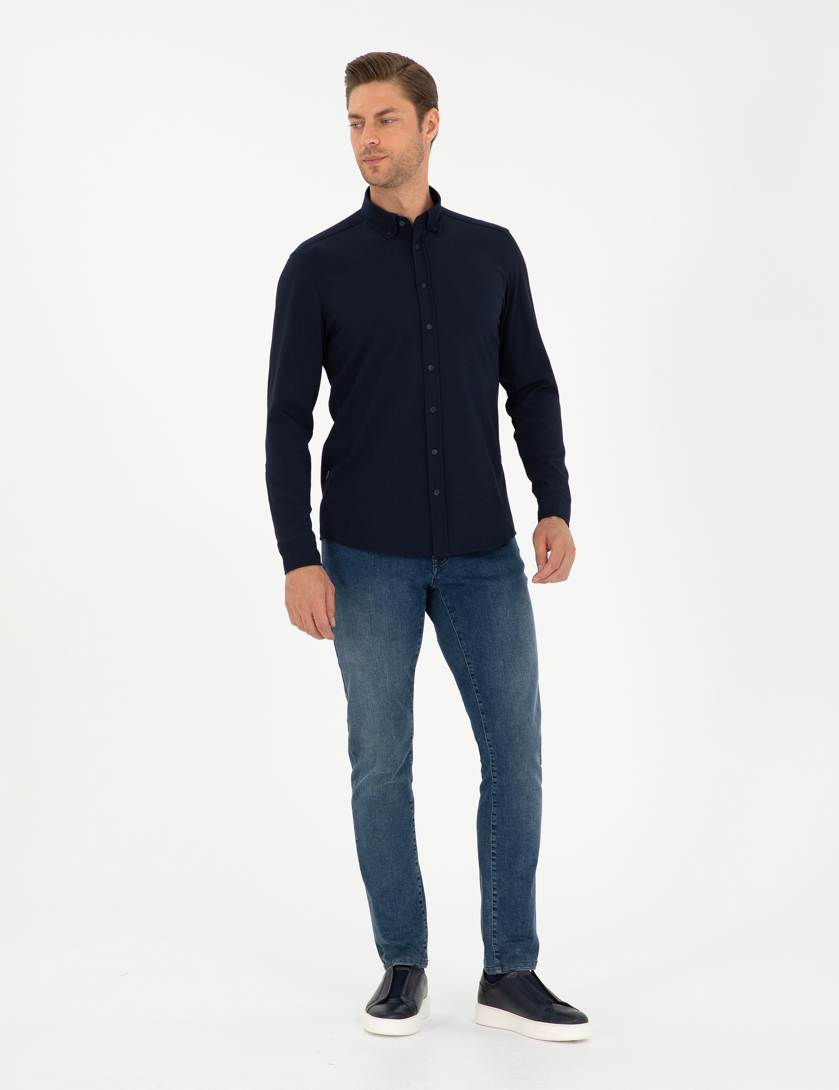 Lacivert Slim Fit Uzun Kollu Gömlek