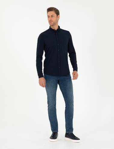 Lacivert Slim Fit Uzun Kollu Gömlek