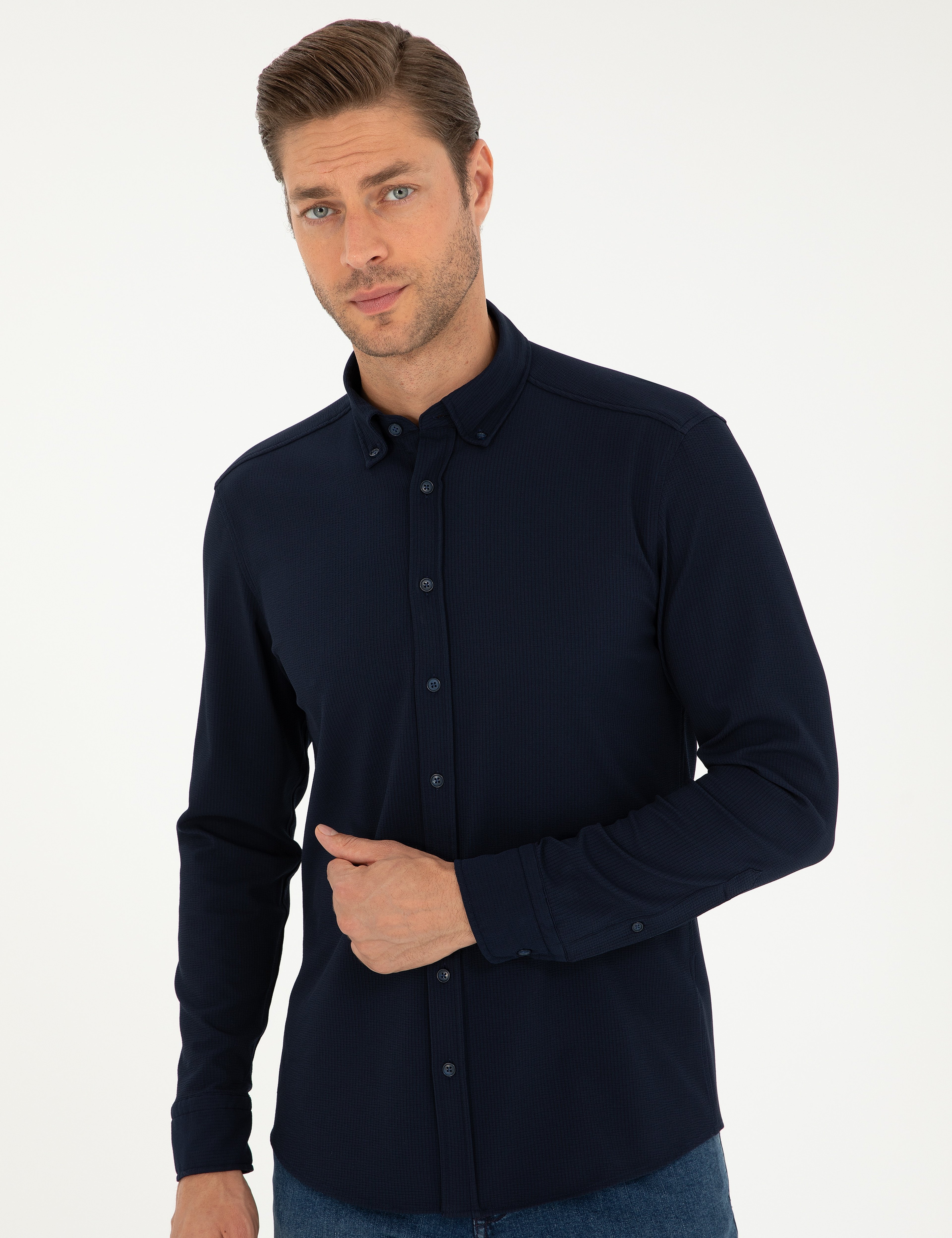 Lacivert Slim Fit Uzun Kollu Gömlek - Image 3