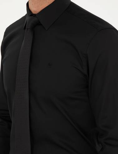 Siyah %100 Pamuk Parlak Saten Slim Fit Uzun Kollu Basic Gömlek
