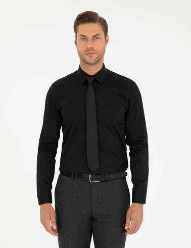 Siyah %100 Pamuk Parlak Saten Slim Fit Uzun Kollu Basic Gömlek